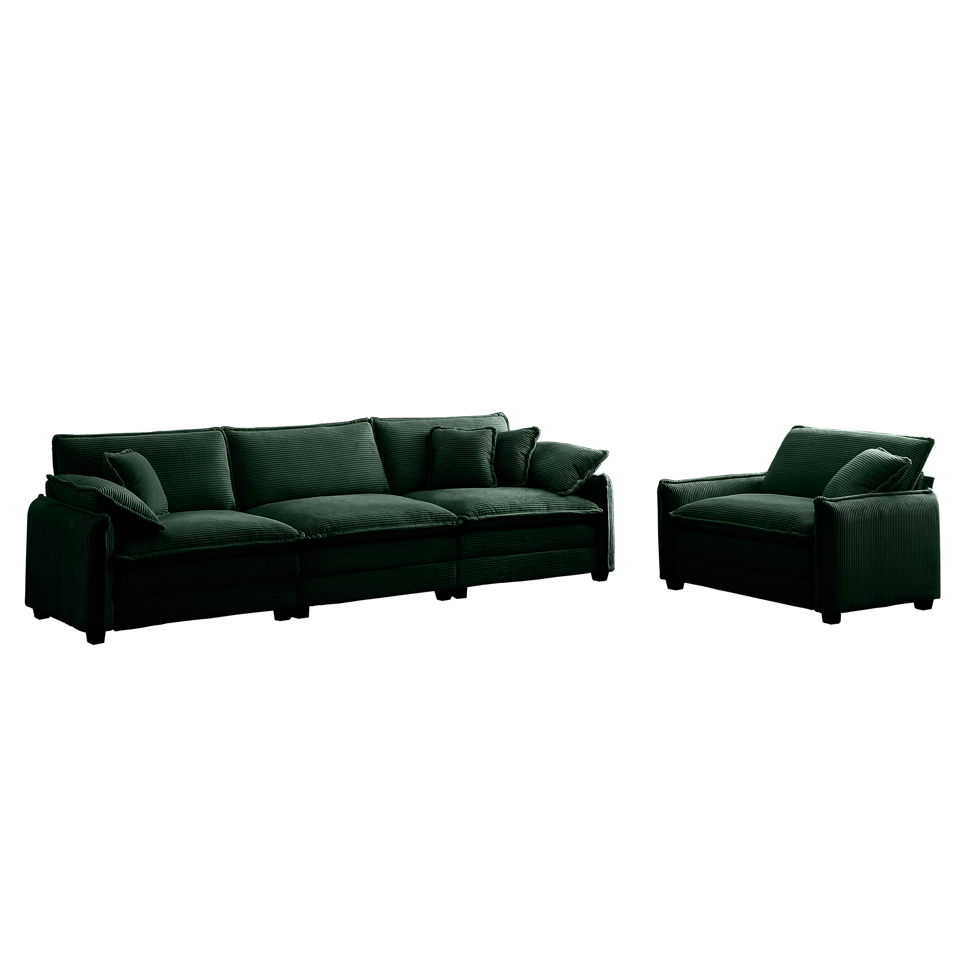 Mid-Century Modern Sofa Set of Two, One 3-Seater Sofa and One Single Seat Sofa with 2 Arm Pillows and 4 Throw Pillows,2 Pieces Sofa Set for Living Room,Green Corduroy Fabric