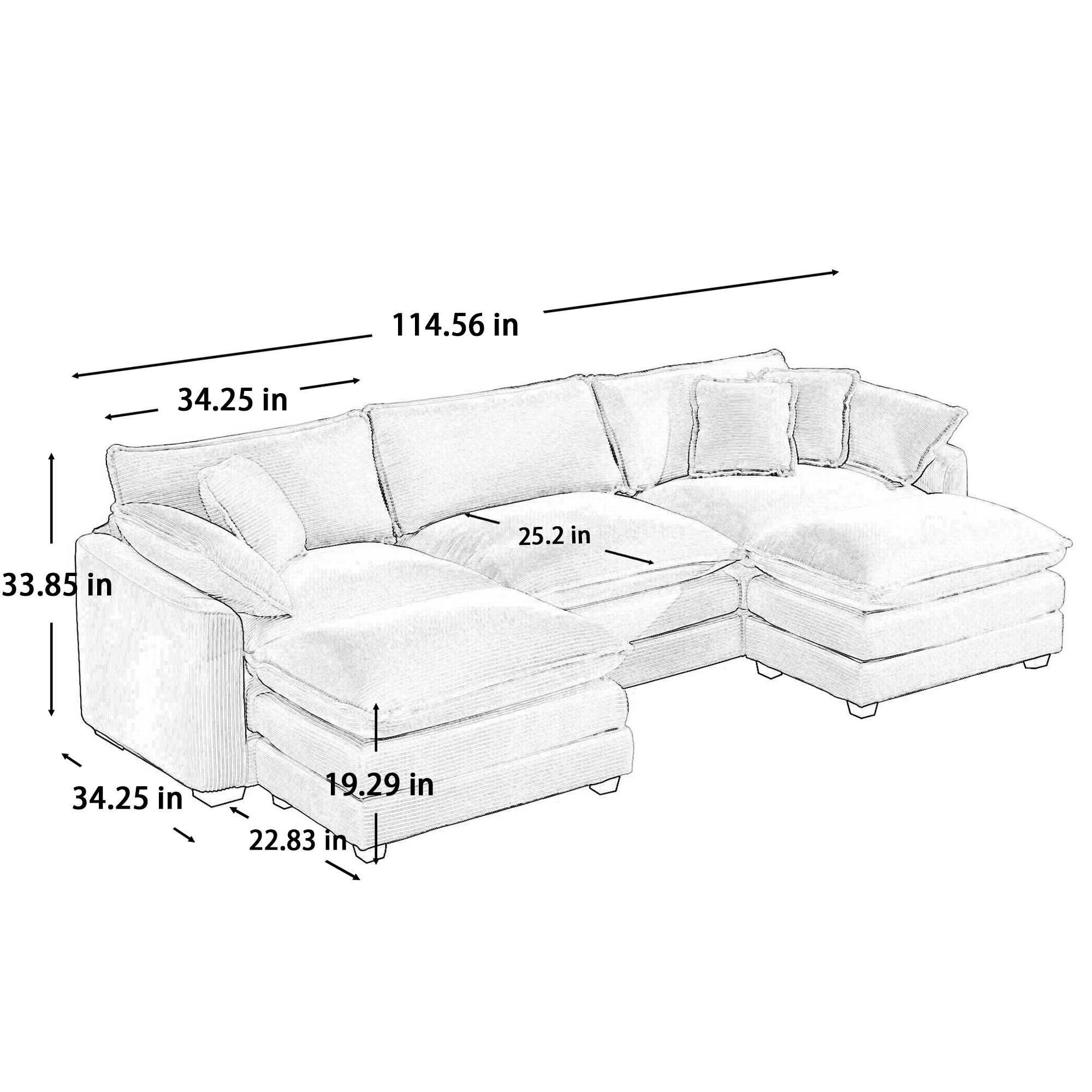 Oversized Modular Cushion Sofa, Portable Ottoman, L-Shaped Corner Low Back Deep Seating Spacious Sofa Set and Sofa Bed for Home Apartment Living Room Set, Grey Corduroy