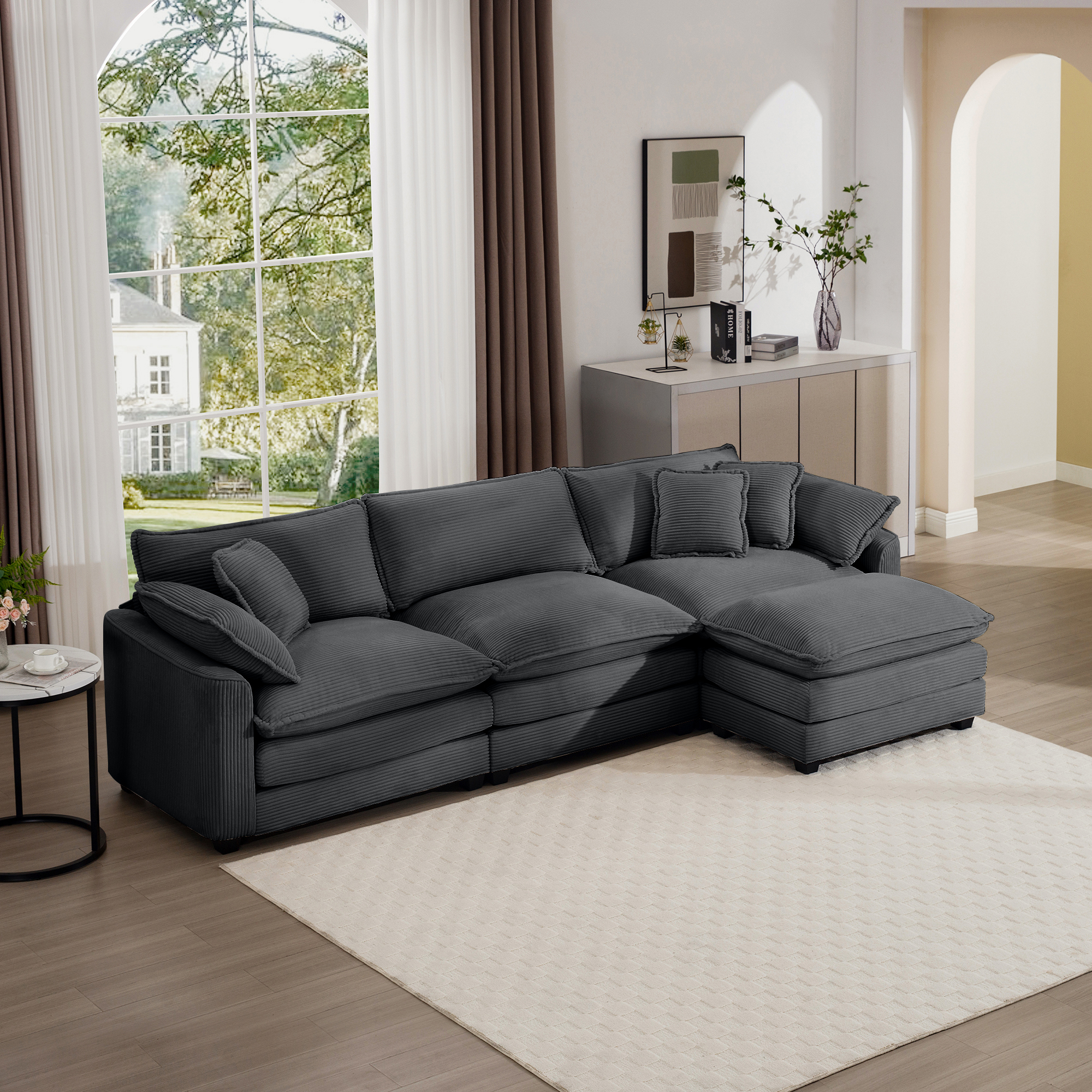 Corduroy 3-seater sofa with 1 footrest, L-shaped double sofa with ottoman for small living rooms, Grey corduroy sofa