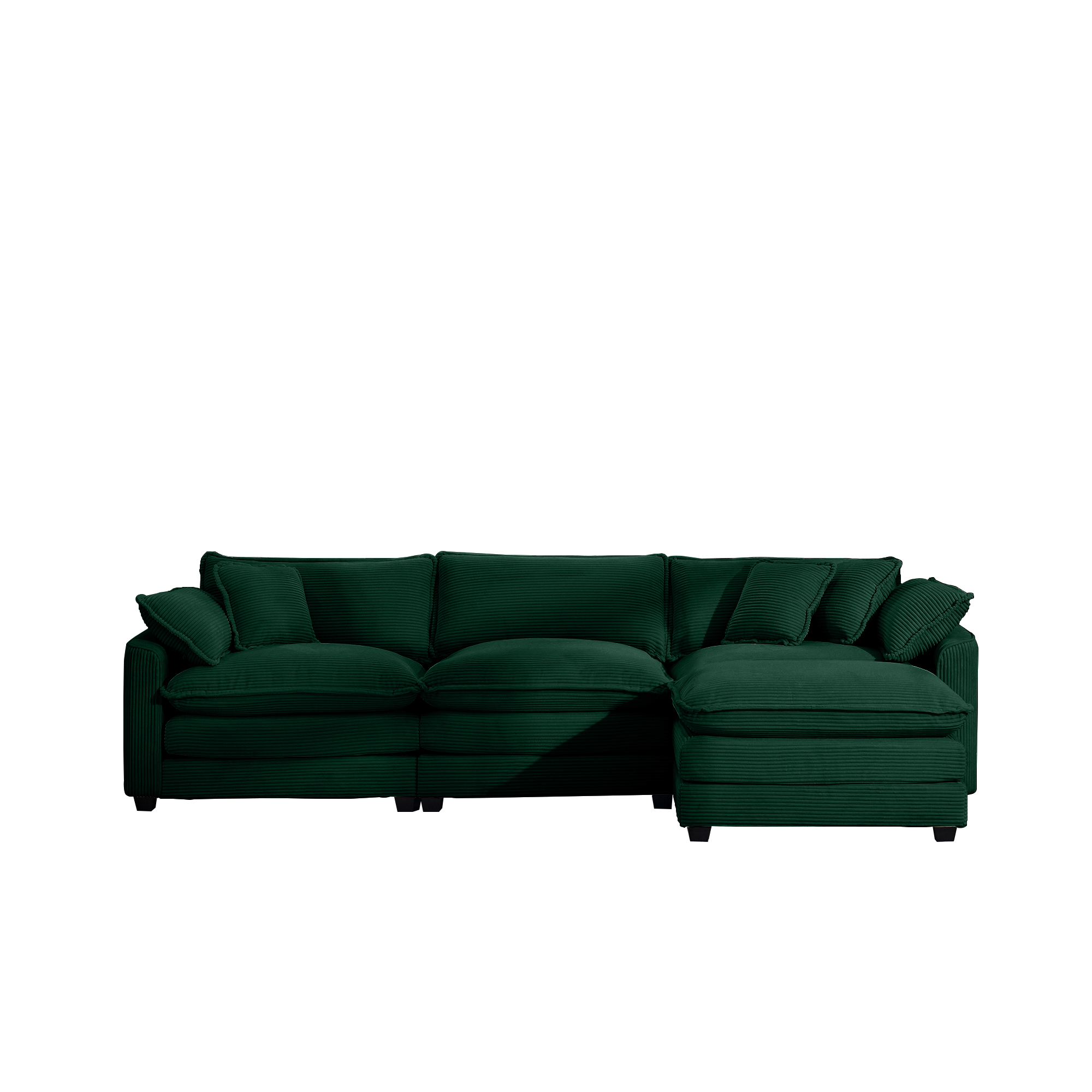 Corduroy 3-seater sofa with 1 footrest, L-shaped double sofa with ottoman for small living rooms, Green corduroy sofa