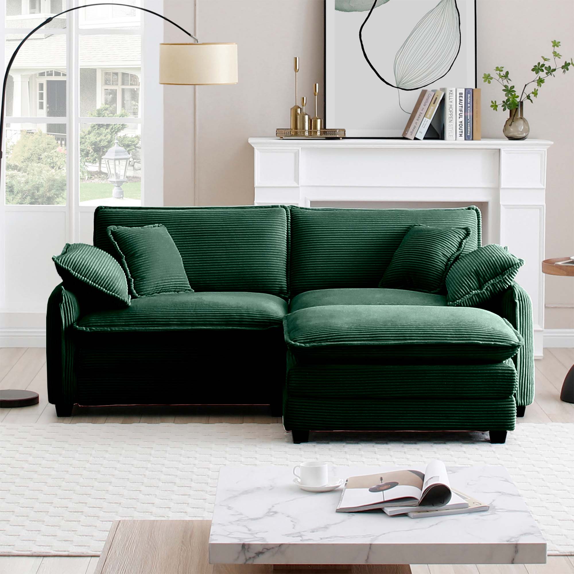 Two-Seater Sofa  with One Footrest, L-Shaped 2-Seater Sofa with Ottoman for Small Living Spaces,Green Corduroy