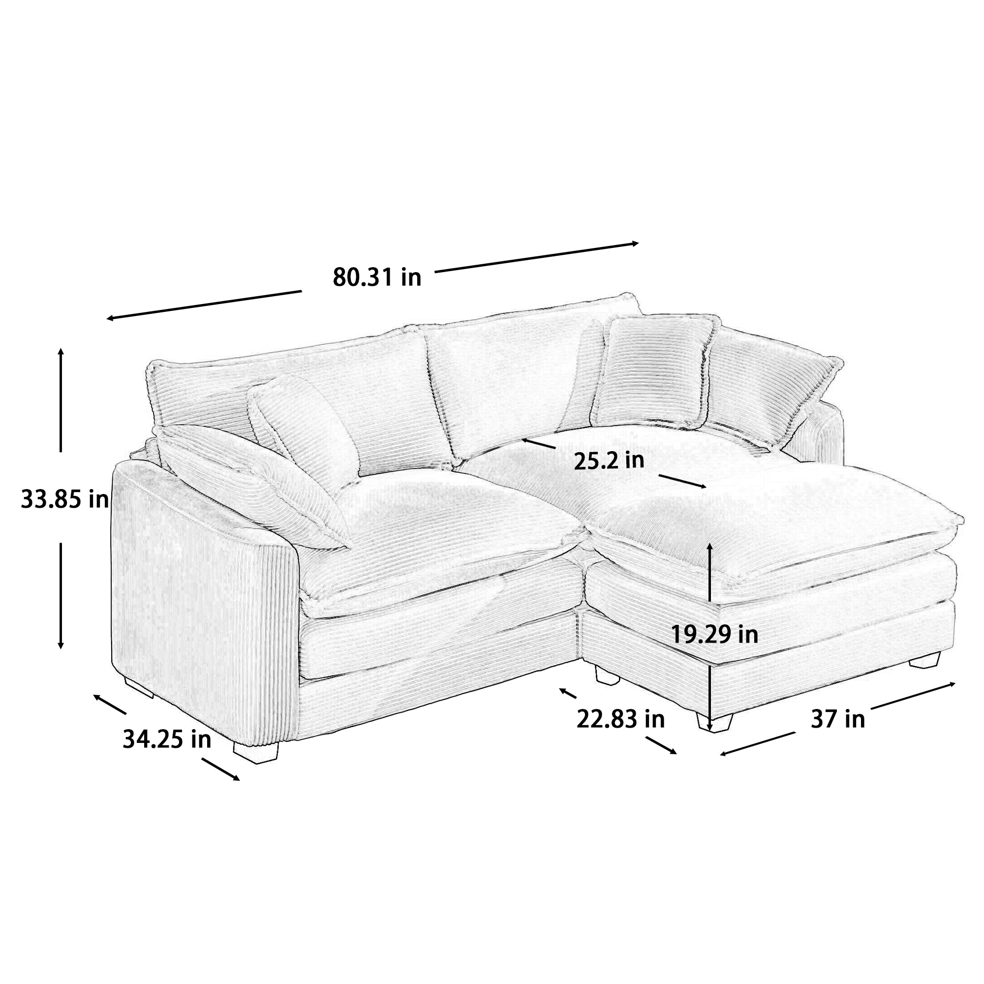 Corduroy Two-Seater Sofa  with 1 Footrest, L-Shaped 2-Seater Sofa with Ottoman for Small Living Spaces, Green Corduroy Sofa