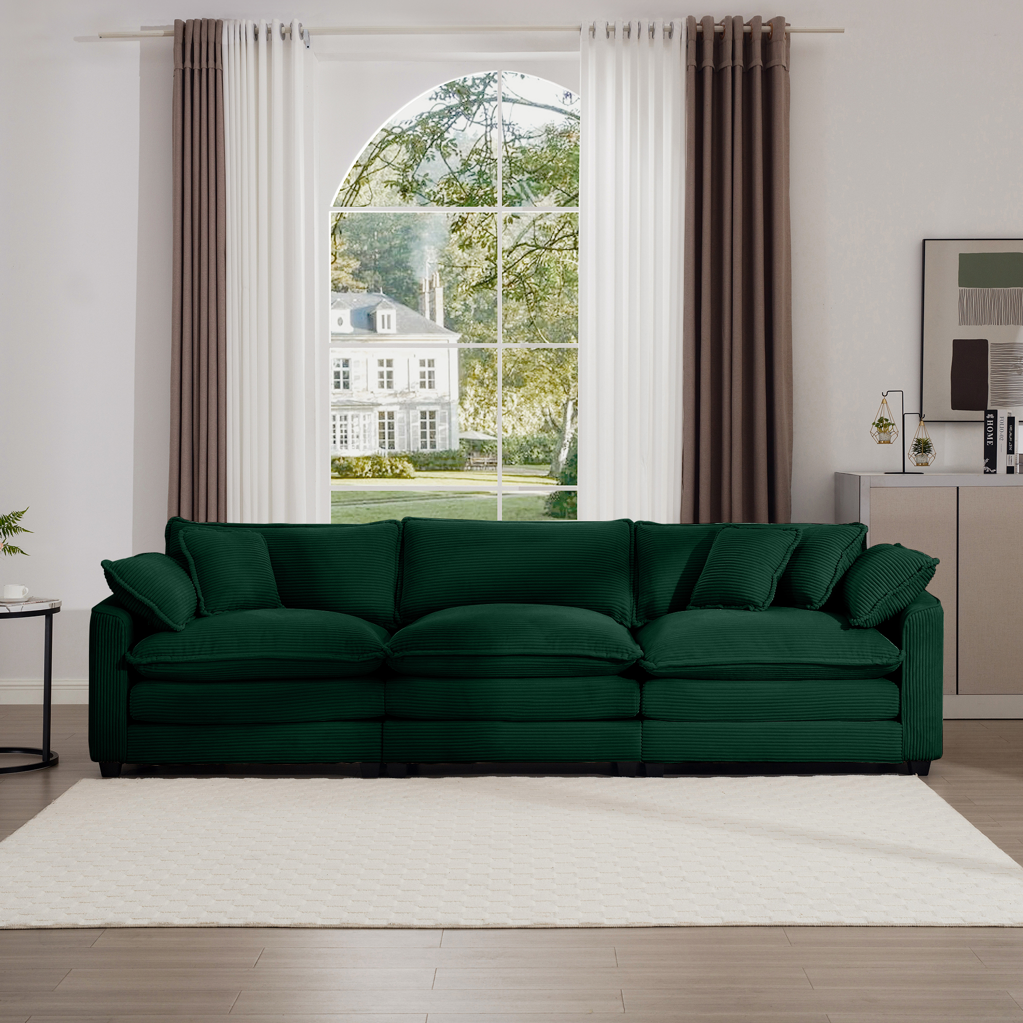 Mid-Century Modern Sectional Sofa 3-Seater Sectional Sofa with 2 Arm Pillows and 3 Pillows, Living Room Sectional Green Corduroy Fabric