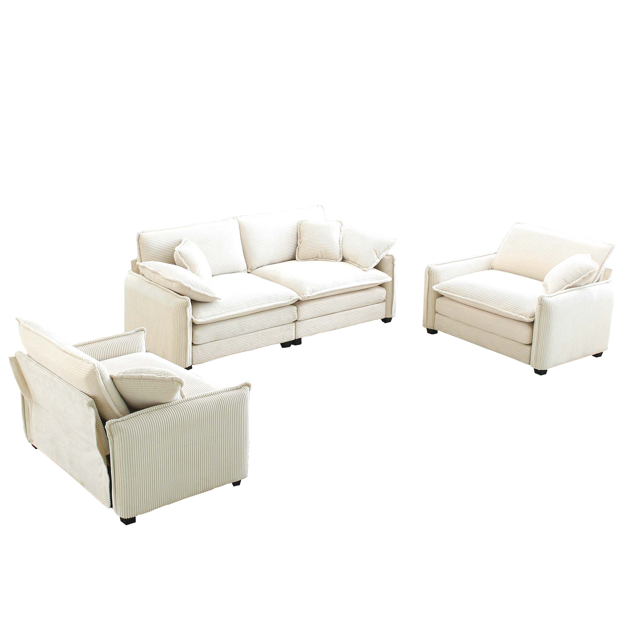 Luxurious and Sophisticated Sofa Set with Soft Cushions and Pillows, Sofa Set for Living Rooms and Clubs as well as Home Theaters, Consisting of Two Single Sofas and a 2-Seaters  Sofas in Beige Cordur