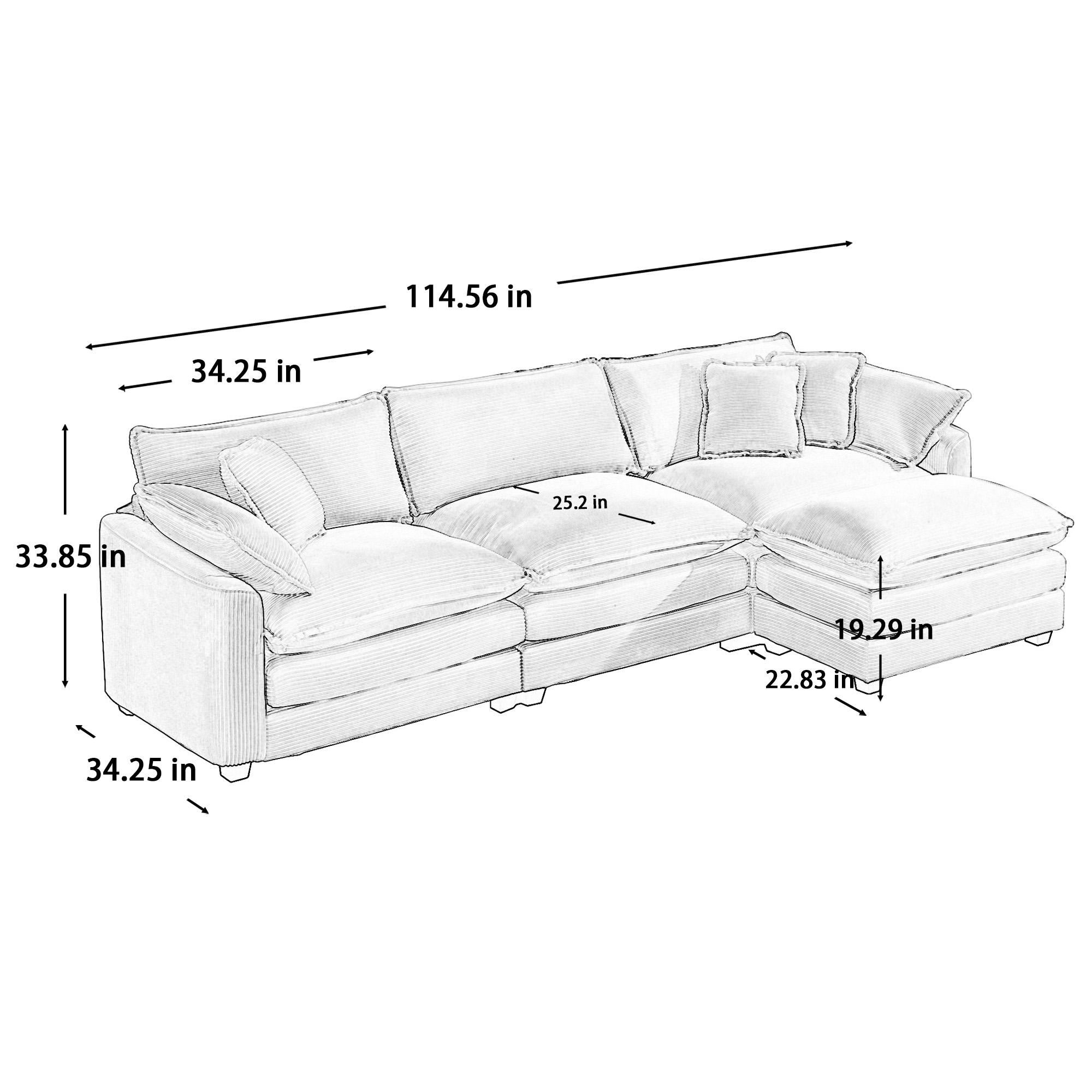 Corduroy 3-seater sofa with 1 footrest, L-shaped double sofa with ottoman for small living rooms, Green corduroy sofa