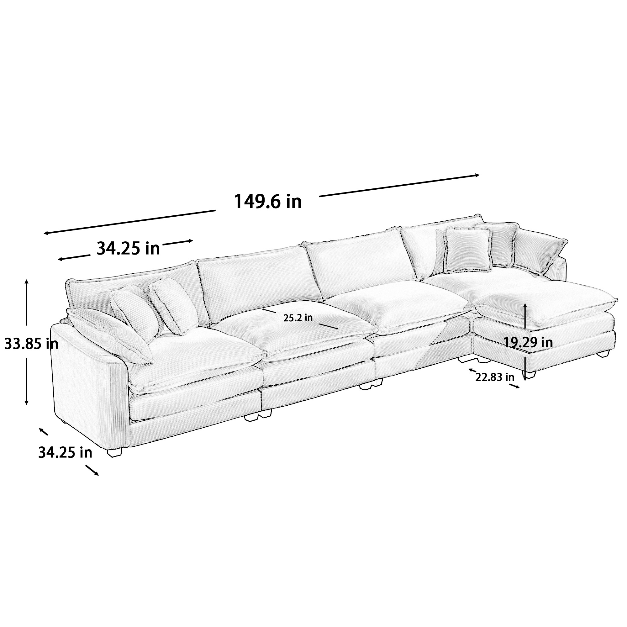 Corduroy Sofa -, Modern Upholstered 4 Seater with with 1 Footstool Corduroy Fabric Sofa , Office Living Room Apartment Comfort Sofa, Easy to Assemble with 2 Arm Pillows and 4 Throw Pillows