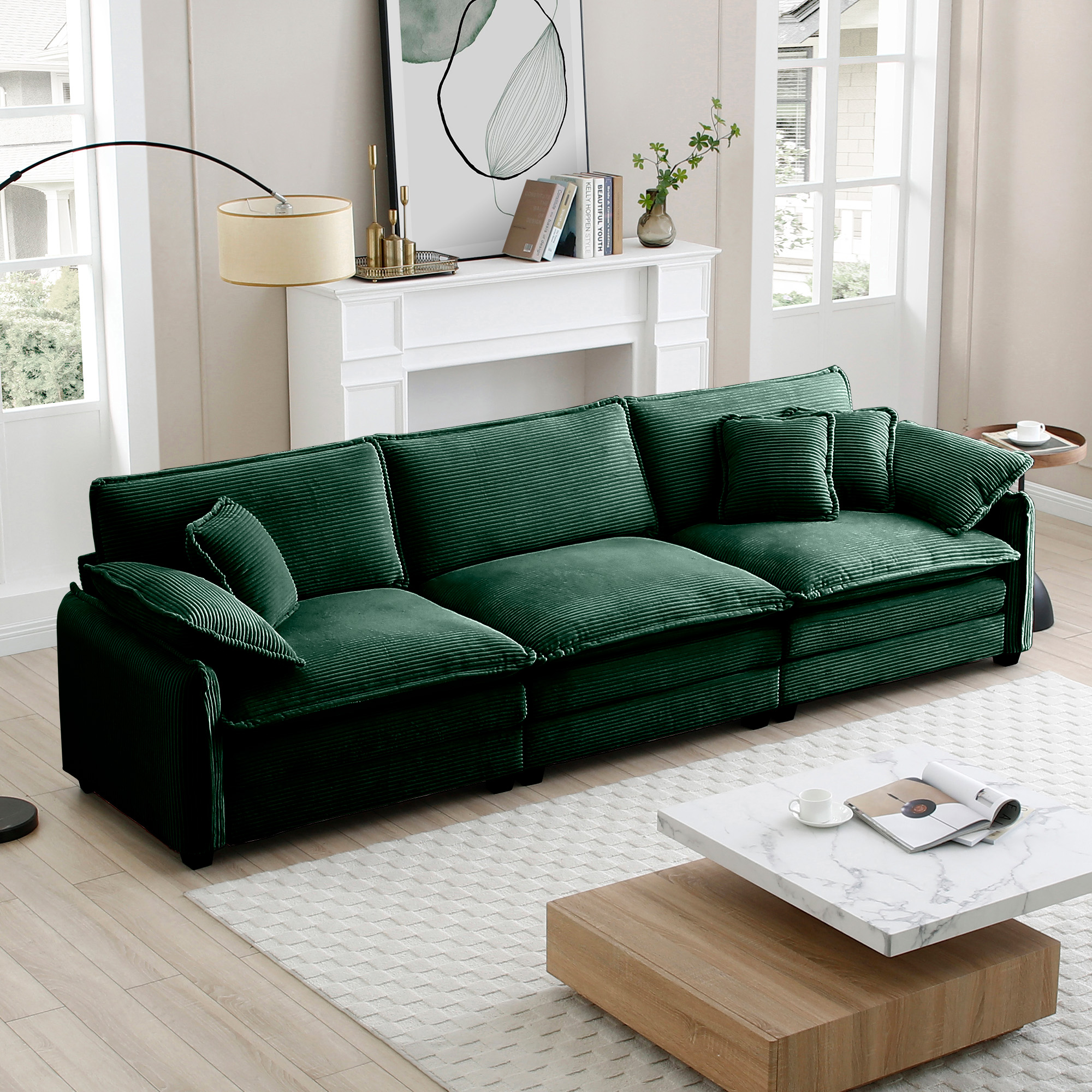 Mid-Century Modern 3-Seater Sectional Sofa with 2 Arm Pillows and 3 Throw Pillows,Green Corduroy Fabric