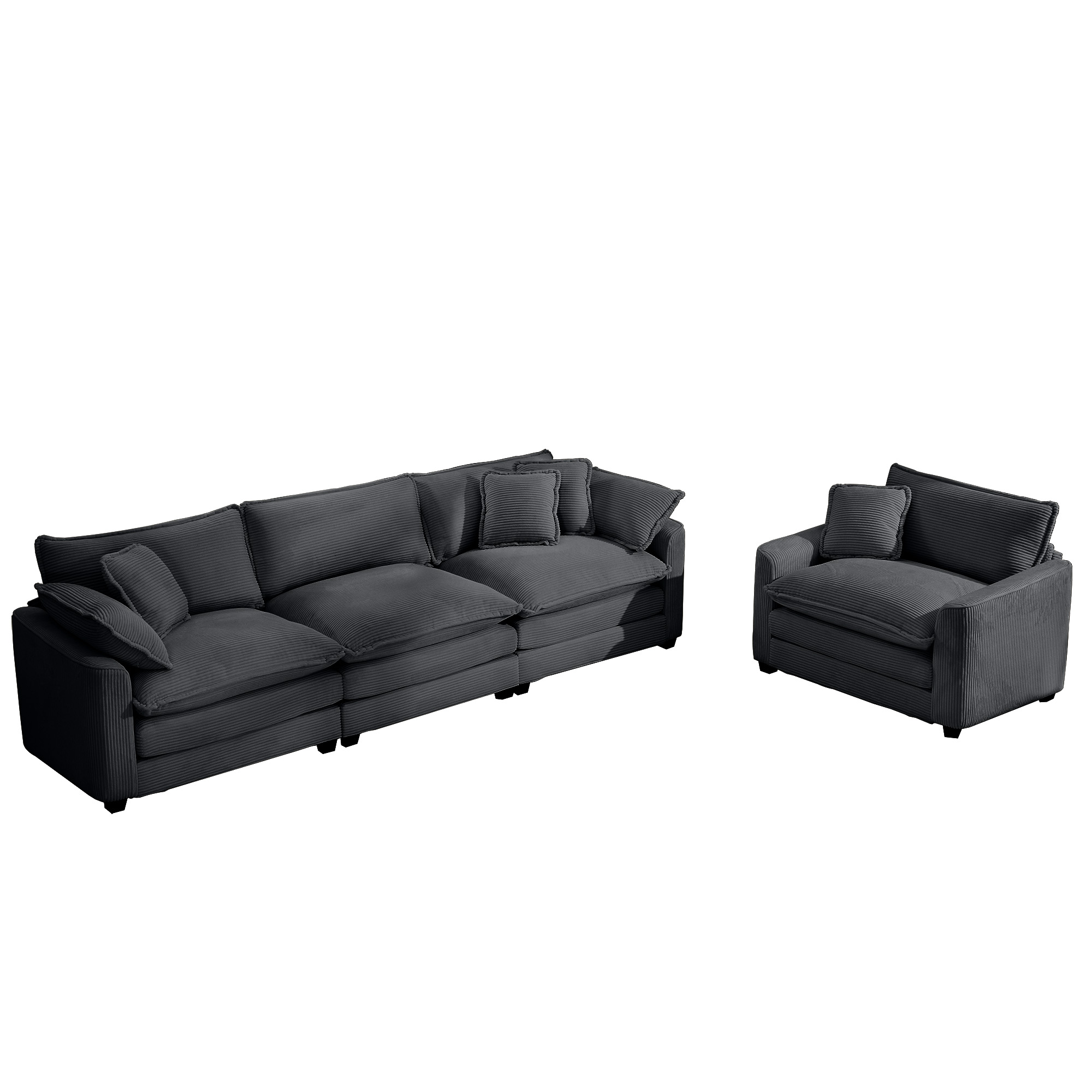 Mid-Century Modern Sectional Set of Two, One 3-Seater Sectional and One Single-Seater Sectional with 2 Arm Pillows and 4 Throw Pillows, Living Room Sectional Grey Corduroy Fabric