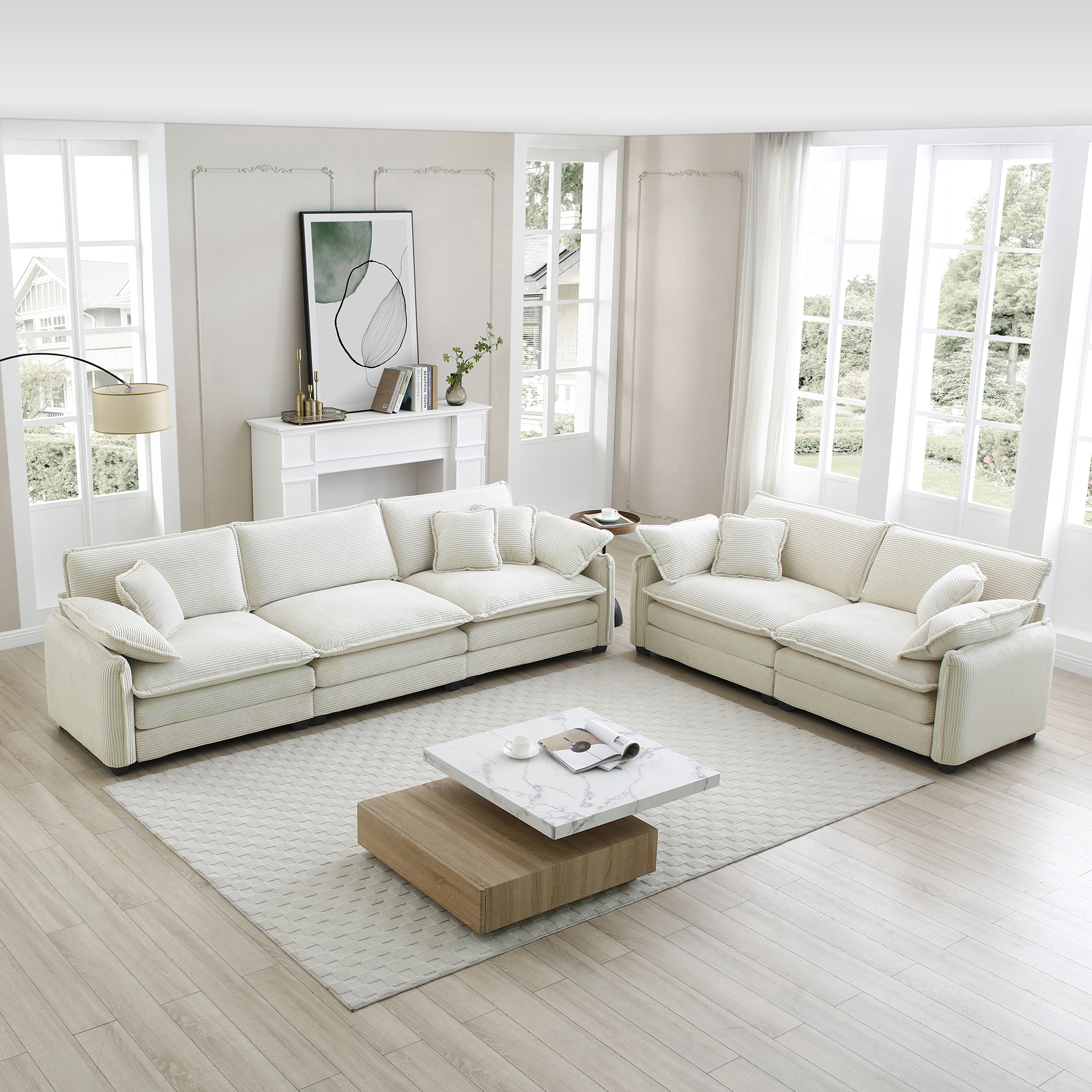 Family sofa set Deep Seat Sofa, Warm Sofa for Home Cinema and Living Room, One 2-Seater Sofa and One 3-Seater Sofa,Beige Corduroy