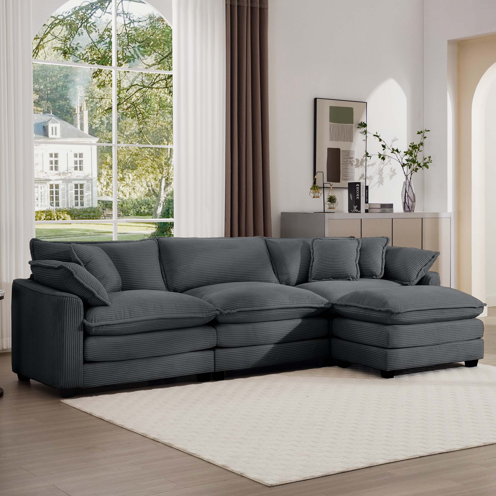 Corduroy 3-seater sofa with 1 footrest, L-shaped double sofa with ottoman for small living rooms, Grey corduroy sofa