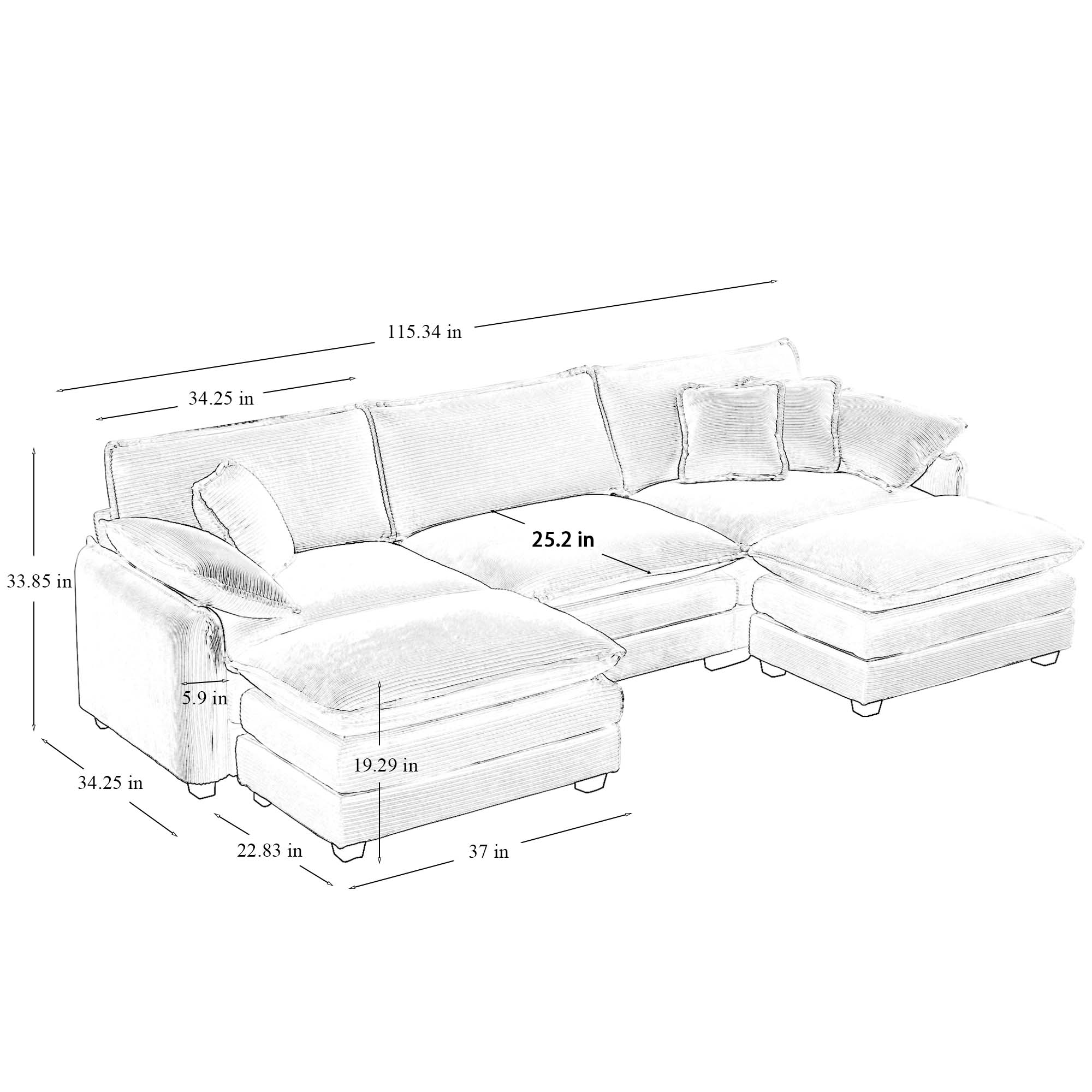 Oversized modular cushioned sofa with conversible ottoman, 3-seater sofa with 2 footstools, U shape sofa inGreen corduroy fabric