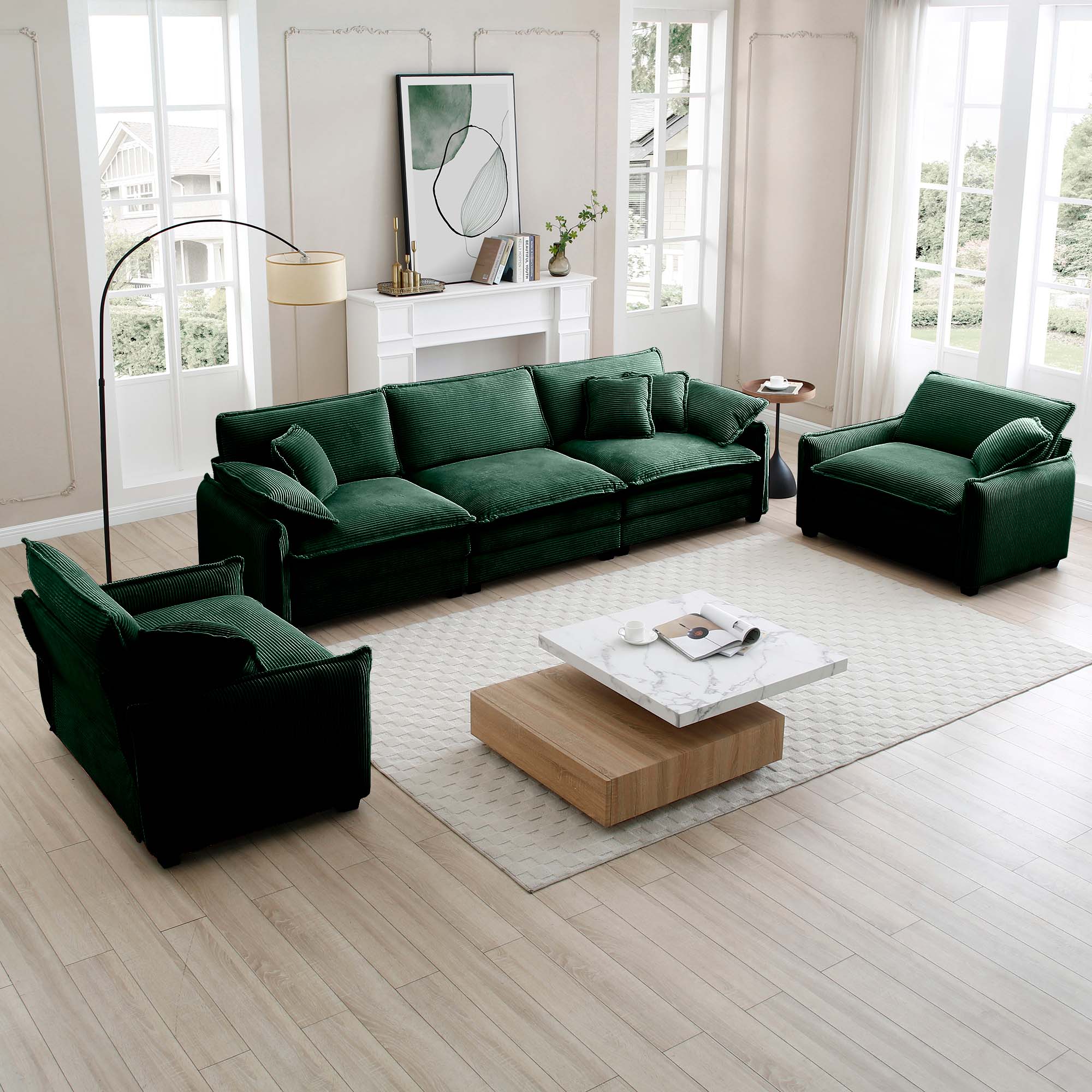 Warm and Cozy Sofa Set with Soft Cushions and Pillows, Home Theater Style Sofa Set Consisting of a 3-Seater Sofa and Two Single Sofas inGreen Corduroy Fabric