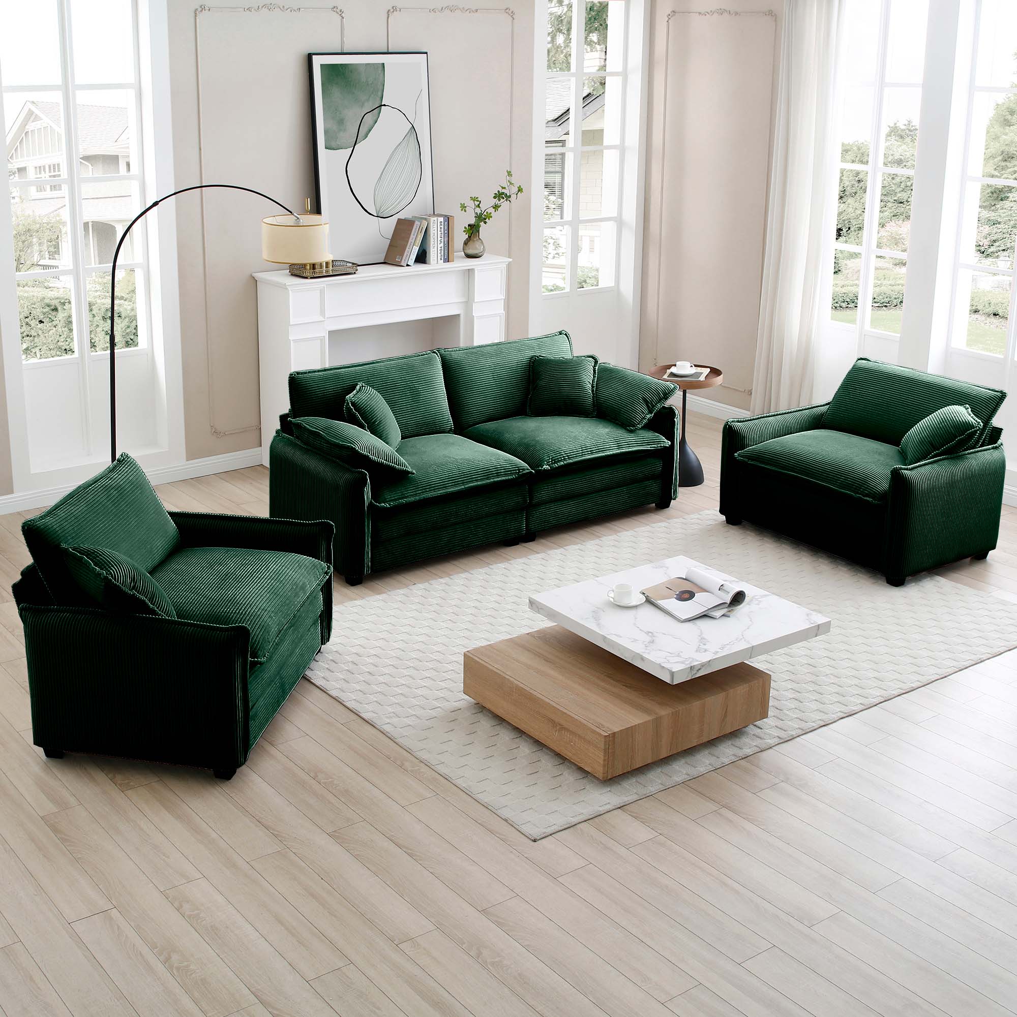 Luxurious and Sophisticated Sofa Set with Soft Cushions and Pillows, Sofa Set for Living Rooms and Clubs as well as Home Theaters, Consisting of Two Single Sofas and a 2-Seaters  Sofas inGreen Corduro