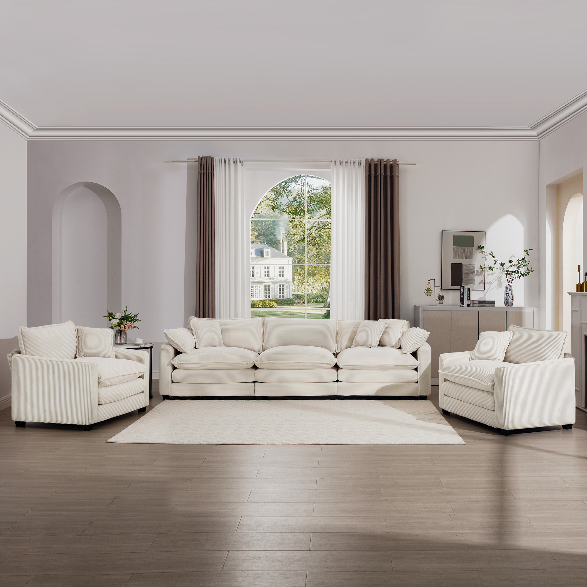 Luxurious and Sophisticated Sofa Set with Soft Cushions and Pillows, 3 Pieces Sofa Set Consisting of Two Single Sofas and a 3-Seater Sofa in Light Beige Corduroy Fabric