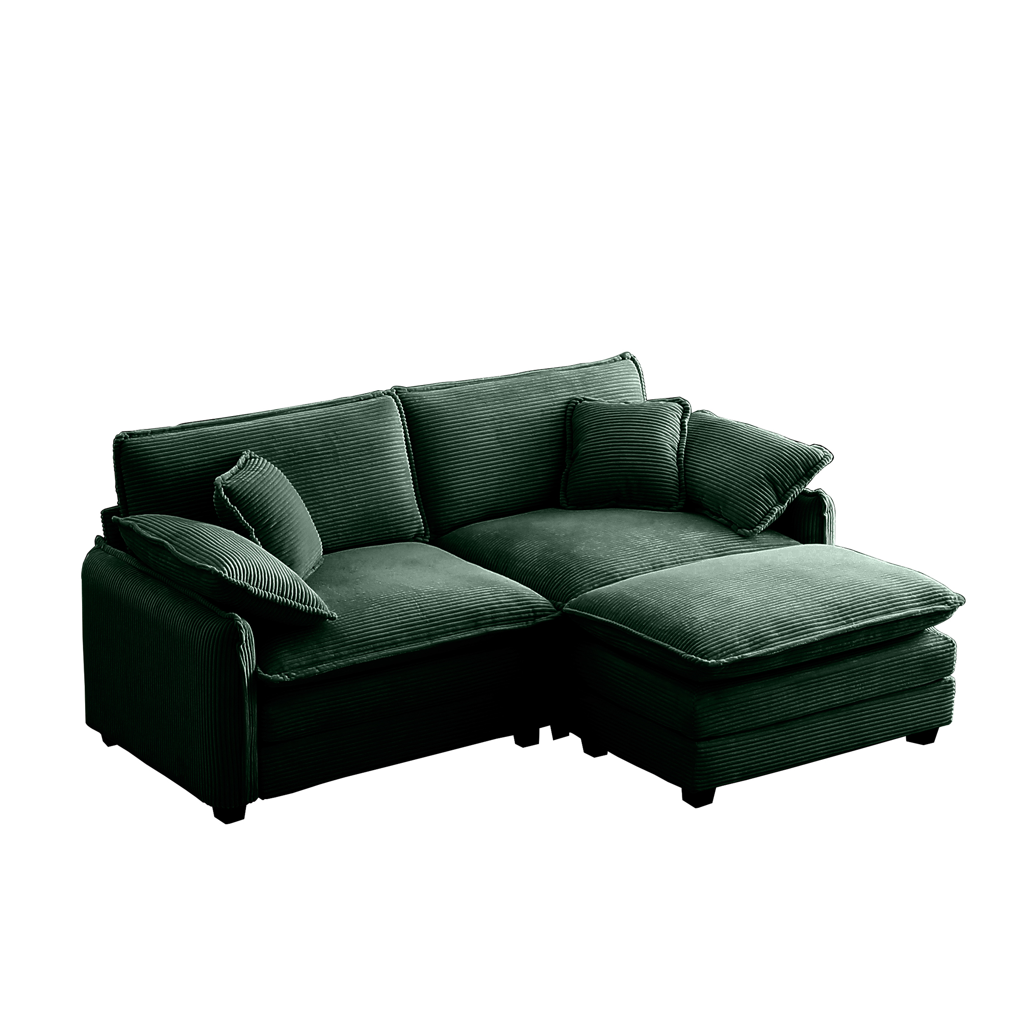 Two-Seater Sofa  with One Footrest, L-Shaped 2-Seater Sofa with Ottoman for Small Living Spaces,Green Corduroy