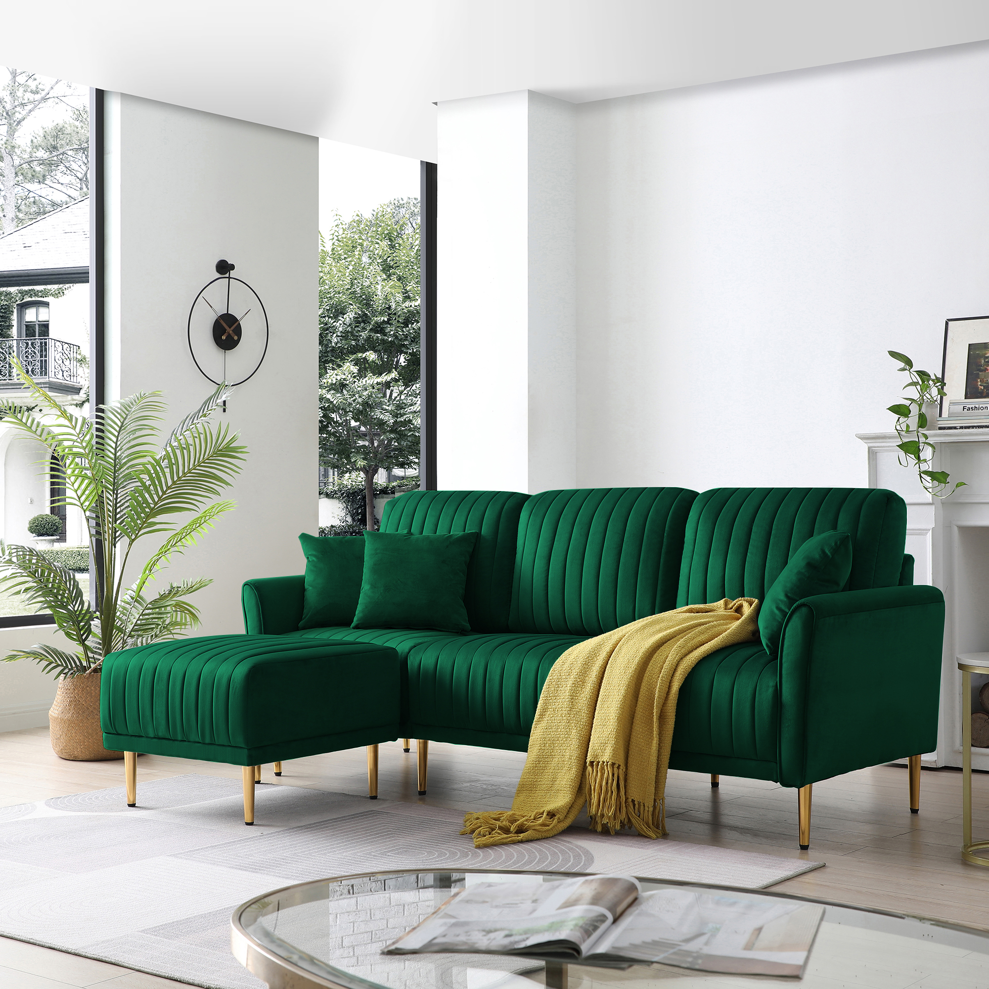 Green Velvet Modular Corner Sofa Reversible Left Hand Facing Sofa & Chaise with Ottoman