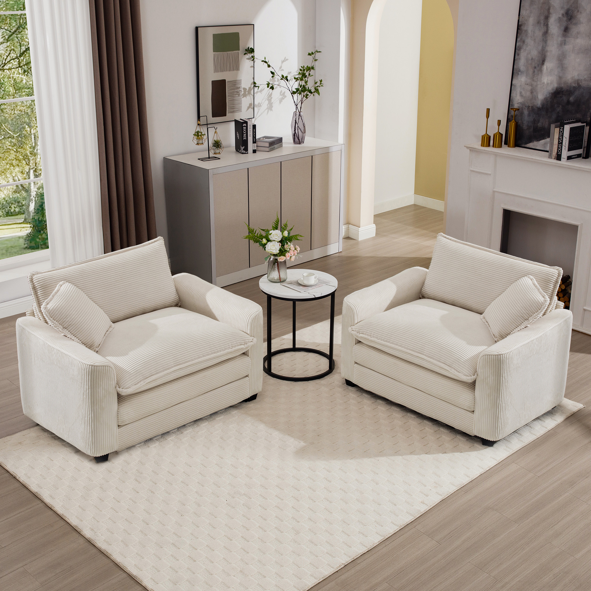 Luxurious and Sophisticated Deep Seated Sofa Set with Two Single Sofas in Light Beige Corduroy Fabric, Set of 2 Accent Chair for Living Room