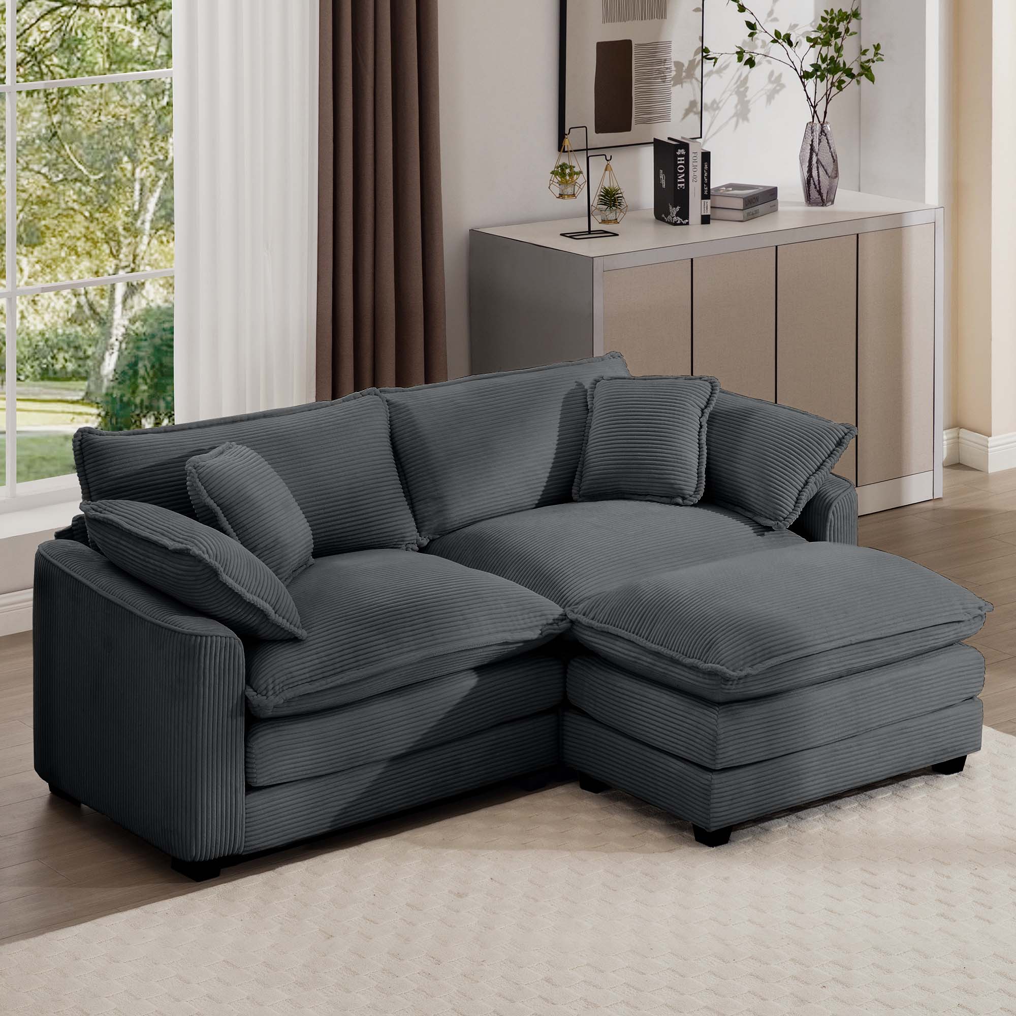 Corduroy Two-Seater Sofa  with 1 Footrest, L-Shaped 2-Seater Sofa with Ottoman for Small Living Spaces, Grey Corduroy Sofa