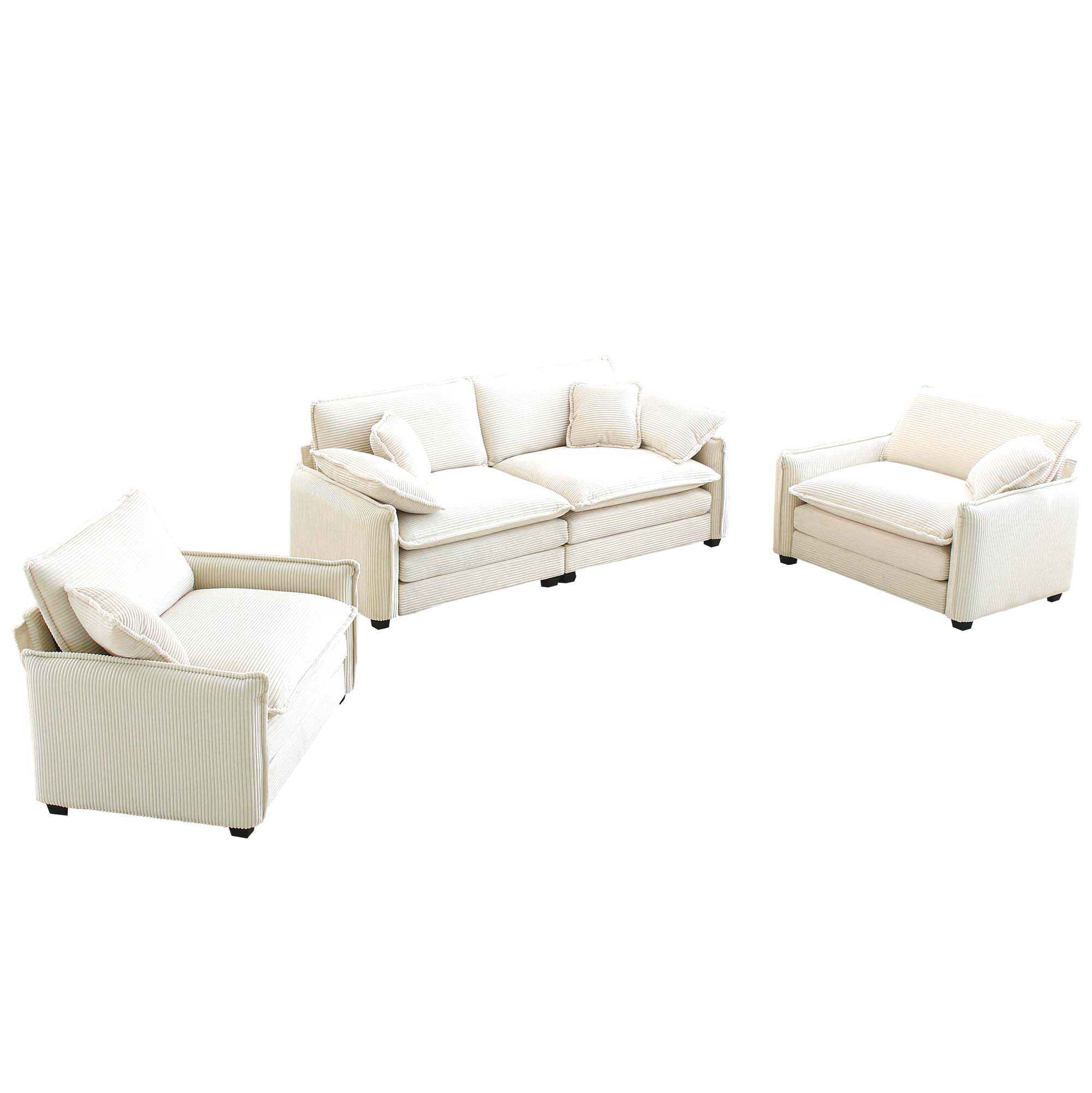 Luxurious and Sophisticated Sofa Set with Soft Cushions and Pillows, Sofa Set for Living Rooms and Clubs as well as Home Theaters, Consisting of Two Single Sofas and a 2-Seaters  Sofas in Beige Cordur