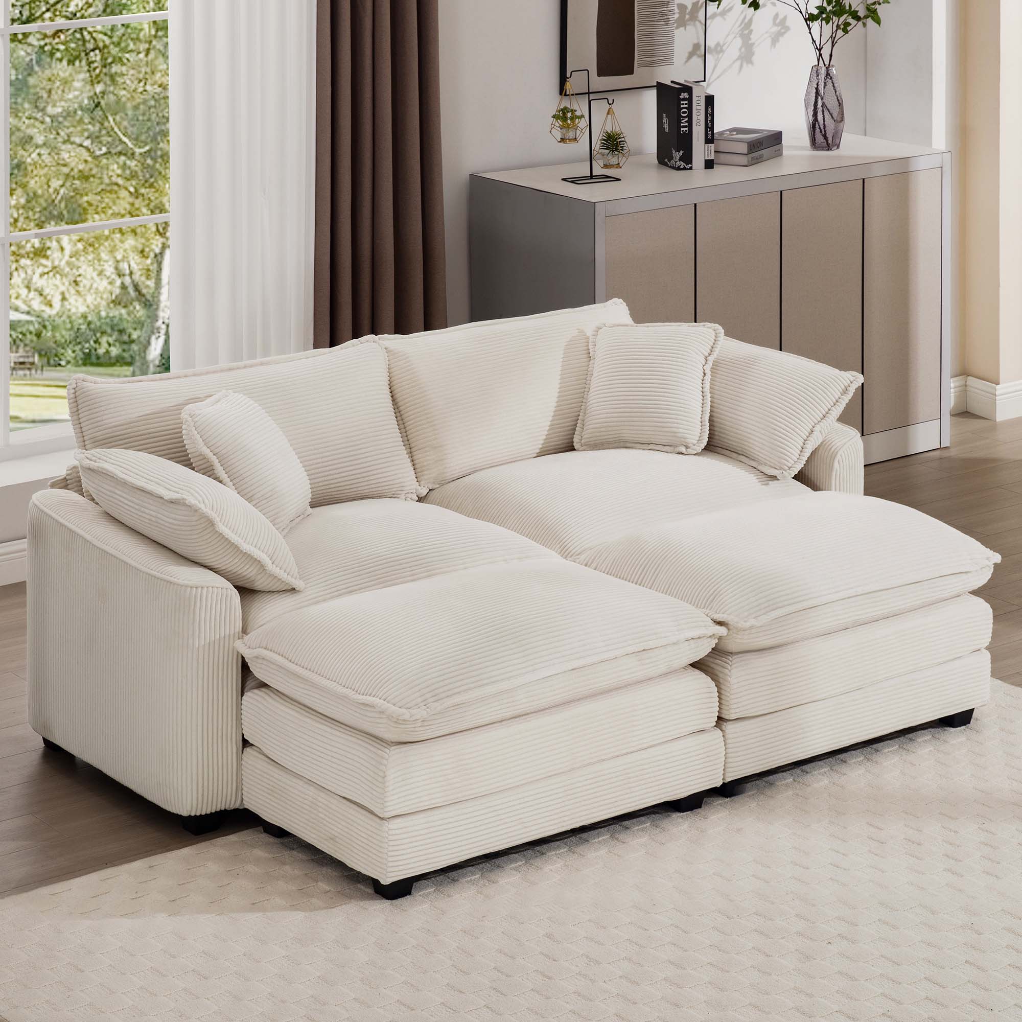 Corduroy Two-Seater Sofa  with 2 Footrest, 2-Seater Sofa with Ottoman to Work As Sofa Bed for Small Living Spaces, Light Beige Corduroy Sofa