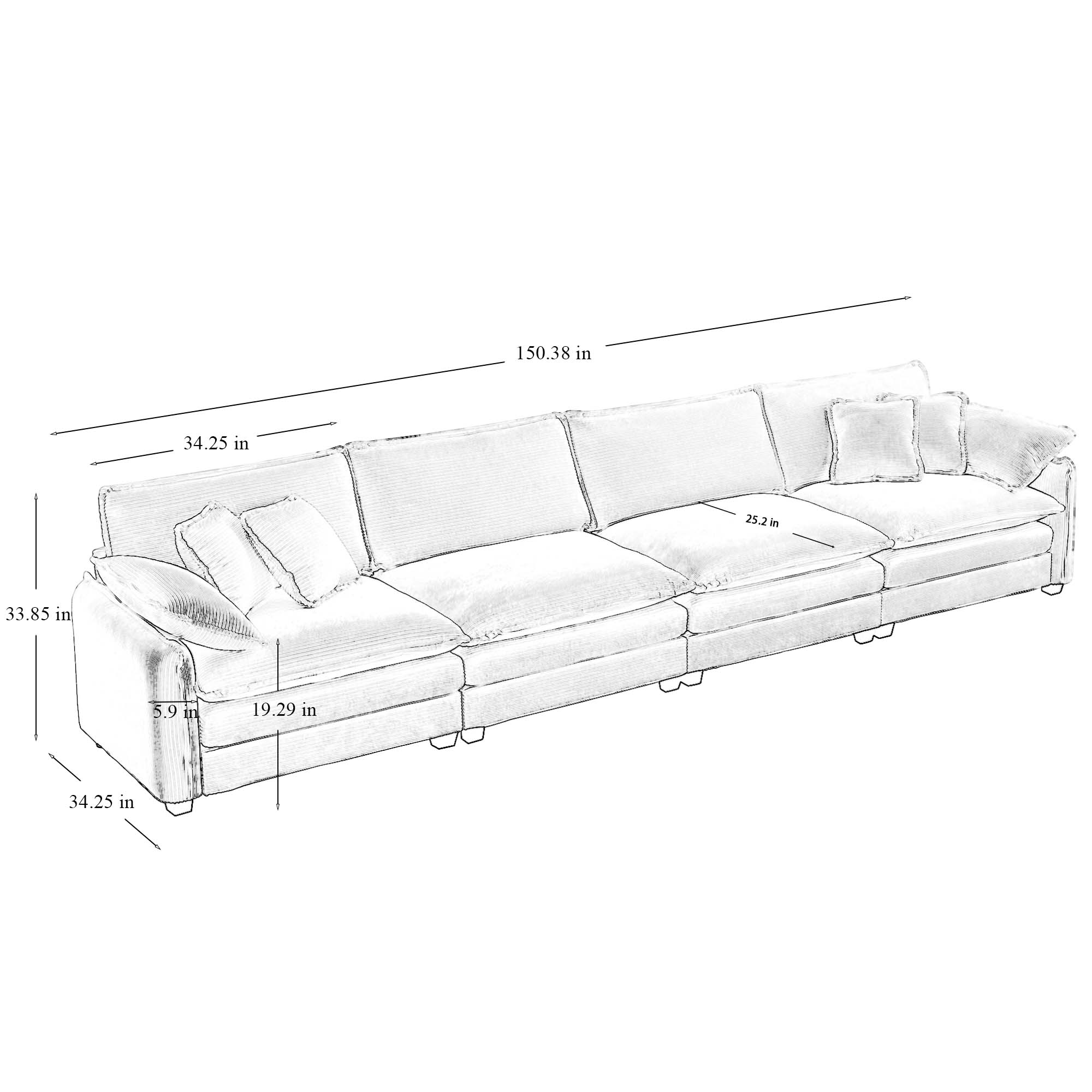 Corduroy Sofa , Modern Upholstered 4 Seater Corduroy Fabric Sofa , Office Living Room Apartment Comfortable Sofa, Easy to Assemble with 2 Arm Pillows and 4 Throw Pillows