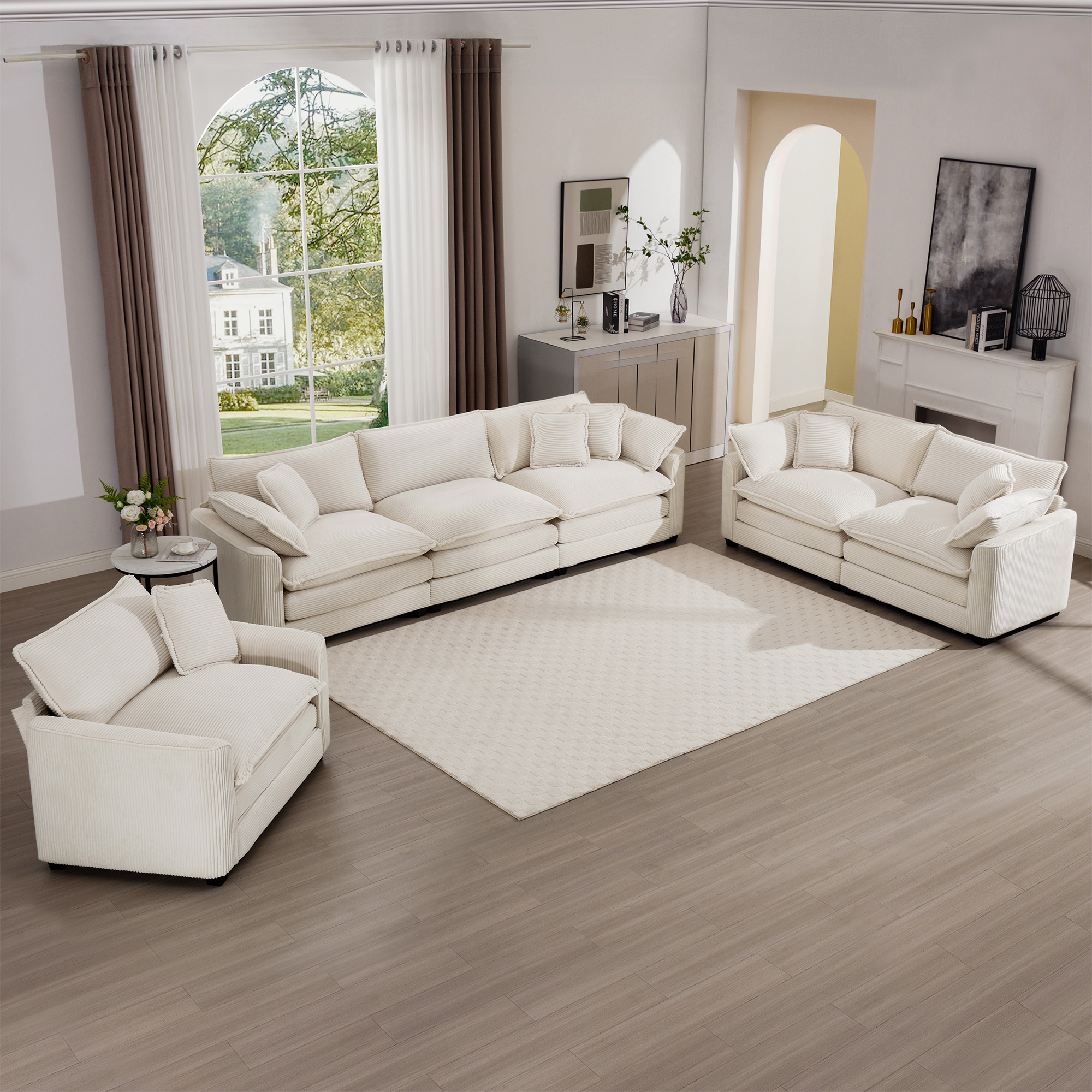 3 - Piece Sofa Set, Comfortable Oversized Sofa  with One Single Sofa, One 2-Seater Sofa and One 3-Seater Sofa, Light Beige Corduroy Deep Seat Sofa