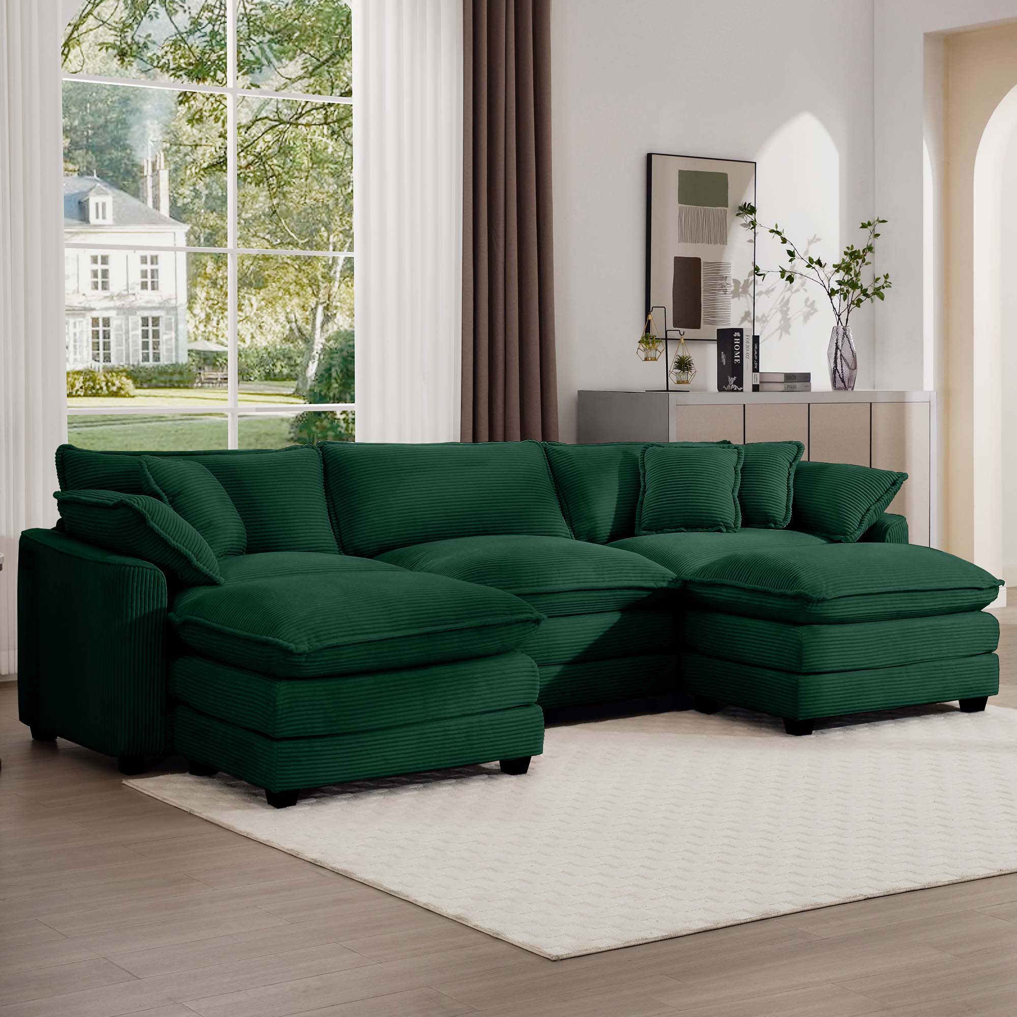 Oversized Modular Cushion Sofa, Portable Ottoman, L-Shaped Corner Low Back Deep Seating Spacious Sofa Set and Sofa Bed for Home Apartment Living Room Set, Green Corduroy