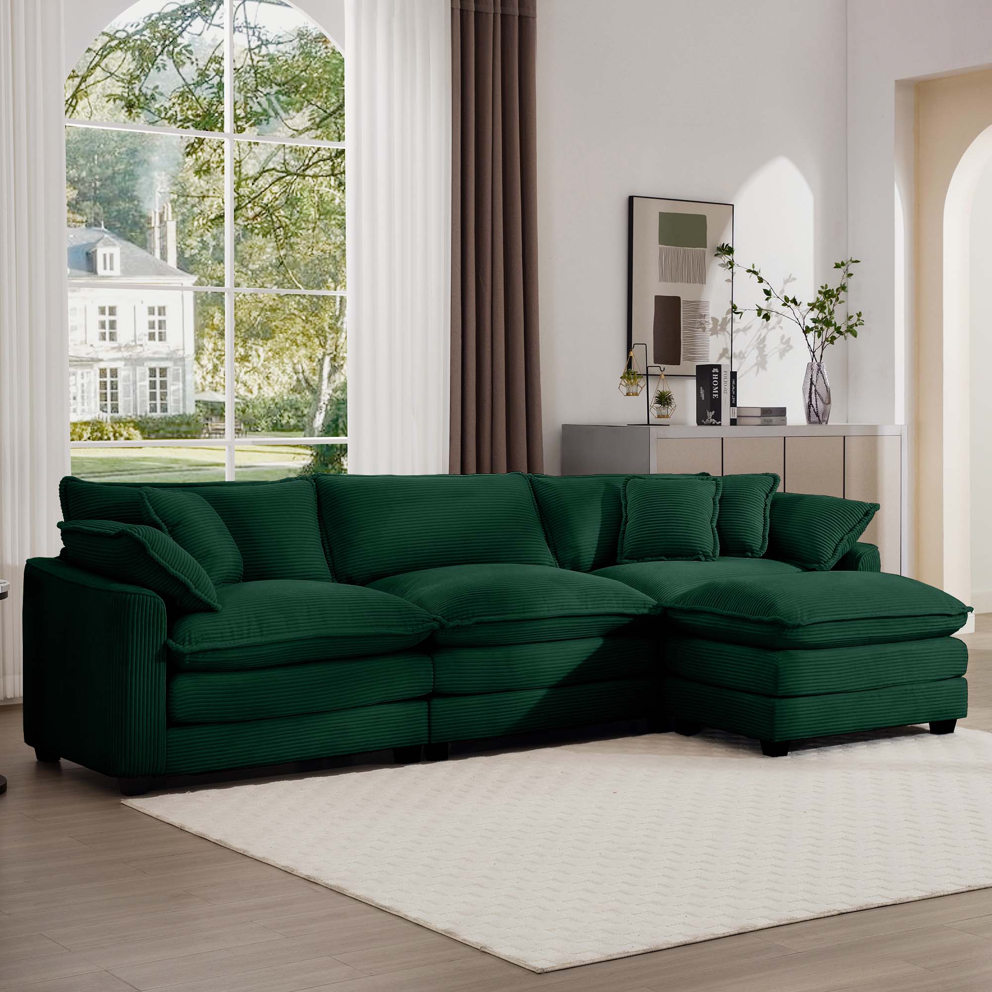 Corduroy 3-seater sofa with 1 footrest, L-shaped double sofa with ottoman for small living rooms, Green corduroy sofa