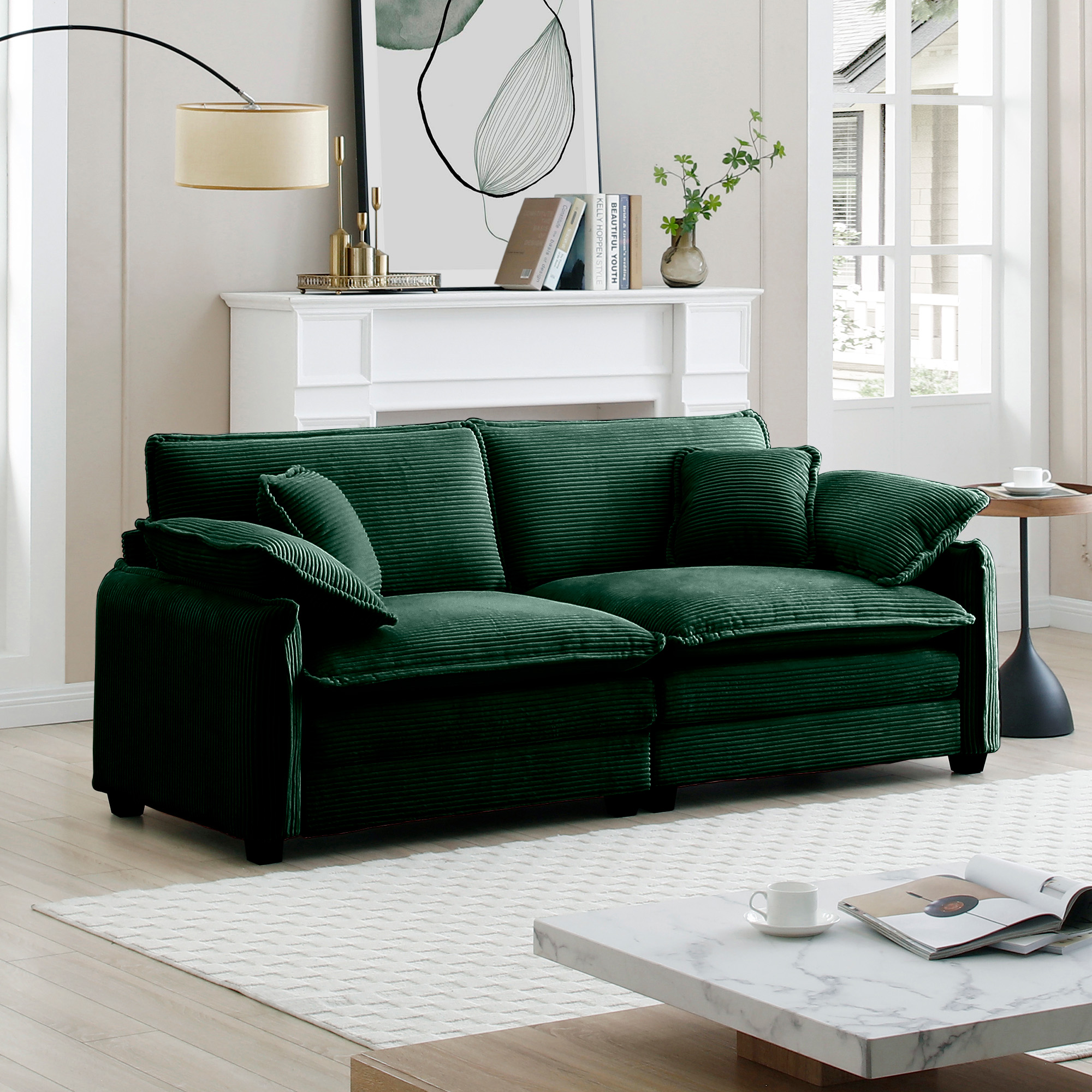 Warm and Cozy Living Room Sofa with 4 Pillows Upholstered Large Deep Seat 2 Seater Sofa for Living Room,Green Corduroy