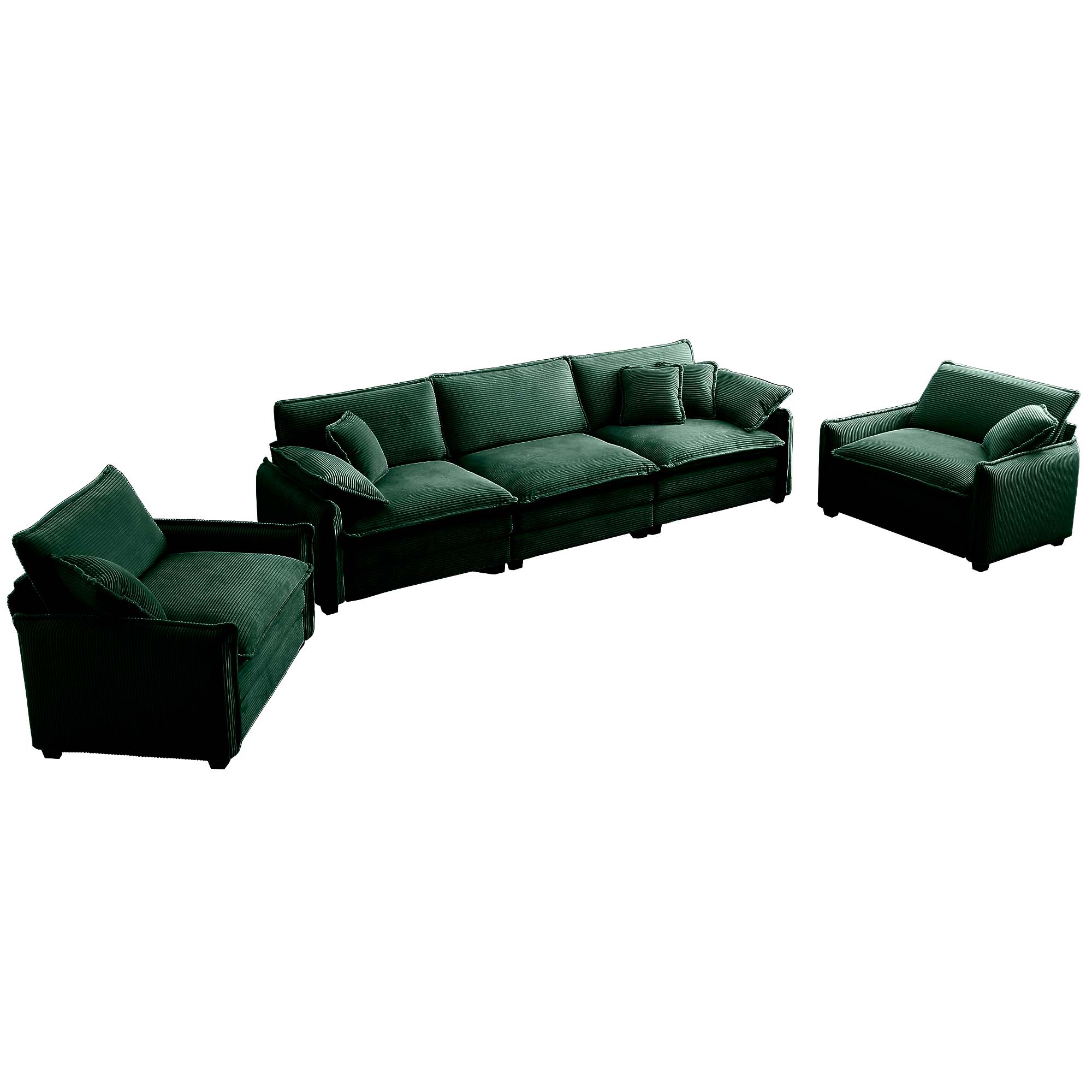 Warm and Cozy Sofa Set with Soft Cushions and Pillows, Home Theater Style Sofa Set Consisting of a 3-Seater Sofa and Two Single Sofas inGreen Corduroy Fabric