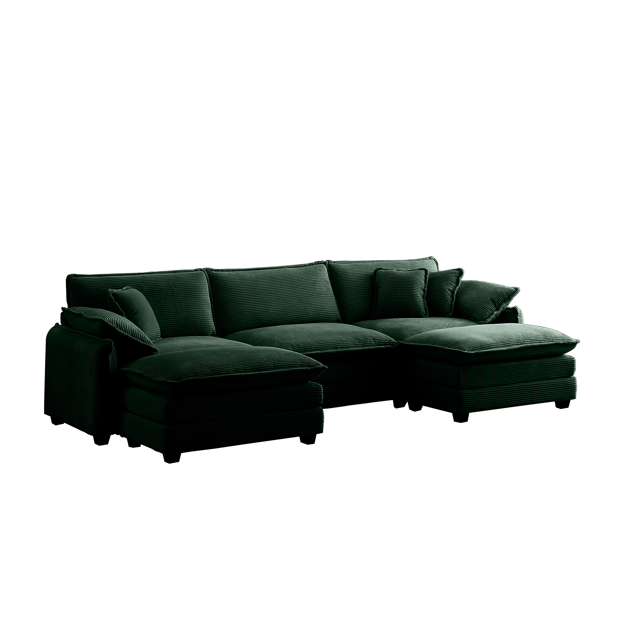 Oversized modular cushioned sofa with conversible ottoman, 3-seater sofa with 2 footstools, U shape sofa inGreen corduroy fabric