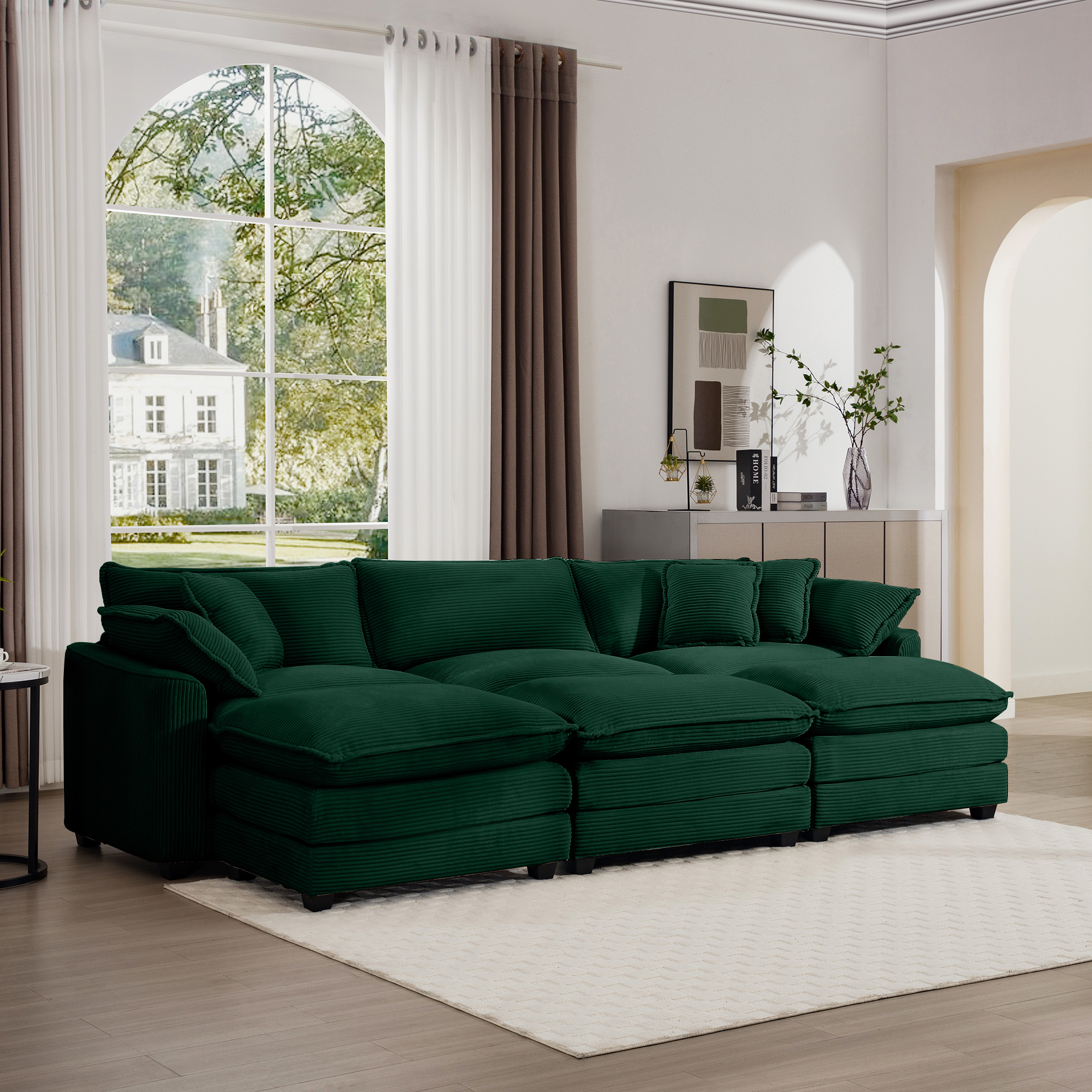 Oversized Modular Cushion Sofa, Portable Ottoman, L-Shaped Corner Low Back Deep Seating Spacious Sofa Setfor Home Apartment Living Room Set, Green Corduroy