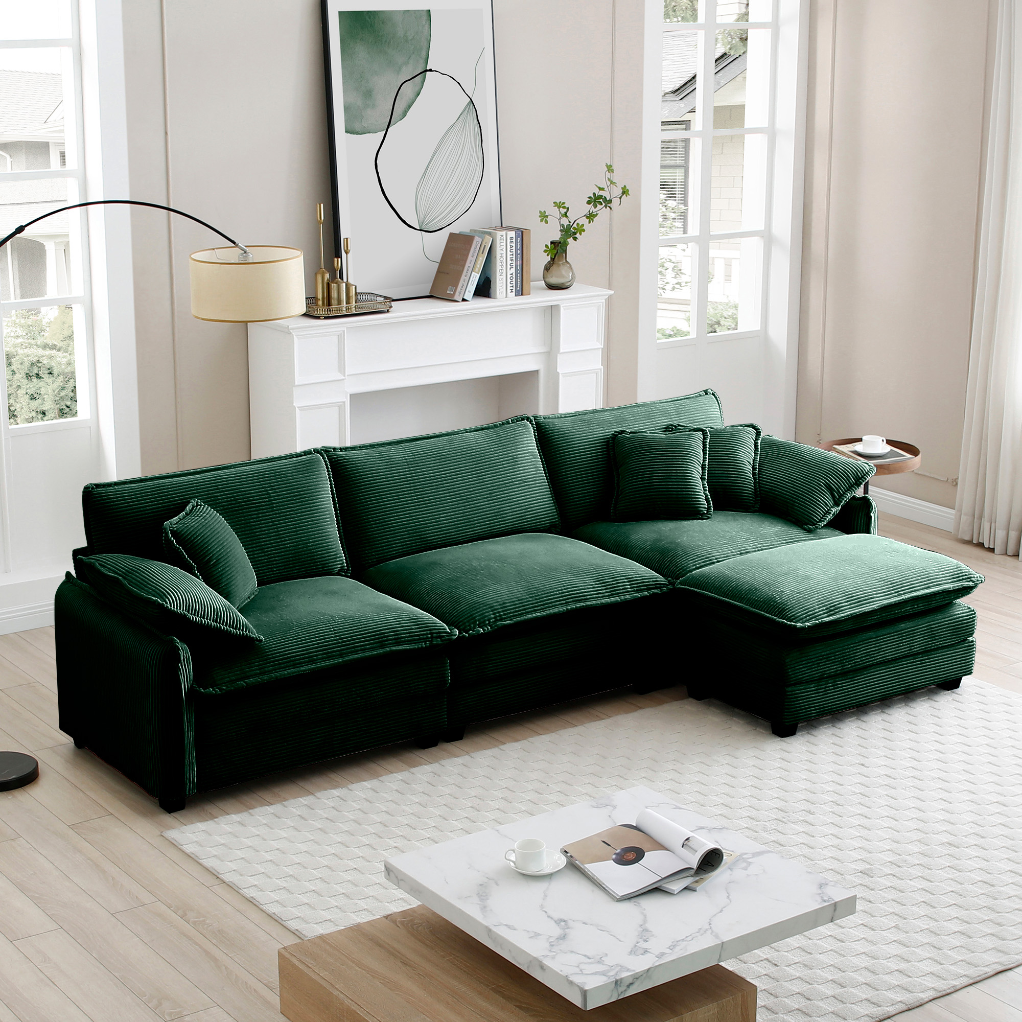 Oversize 3-seater sofa with One footrest, L-shaped Sectional sofa with ottoman for living rooms,Green corduroy sofa