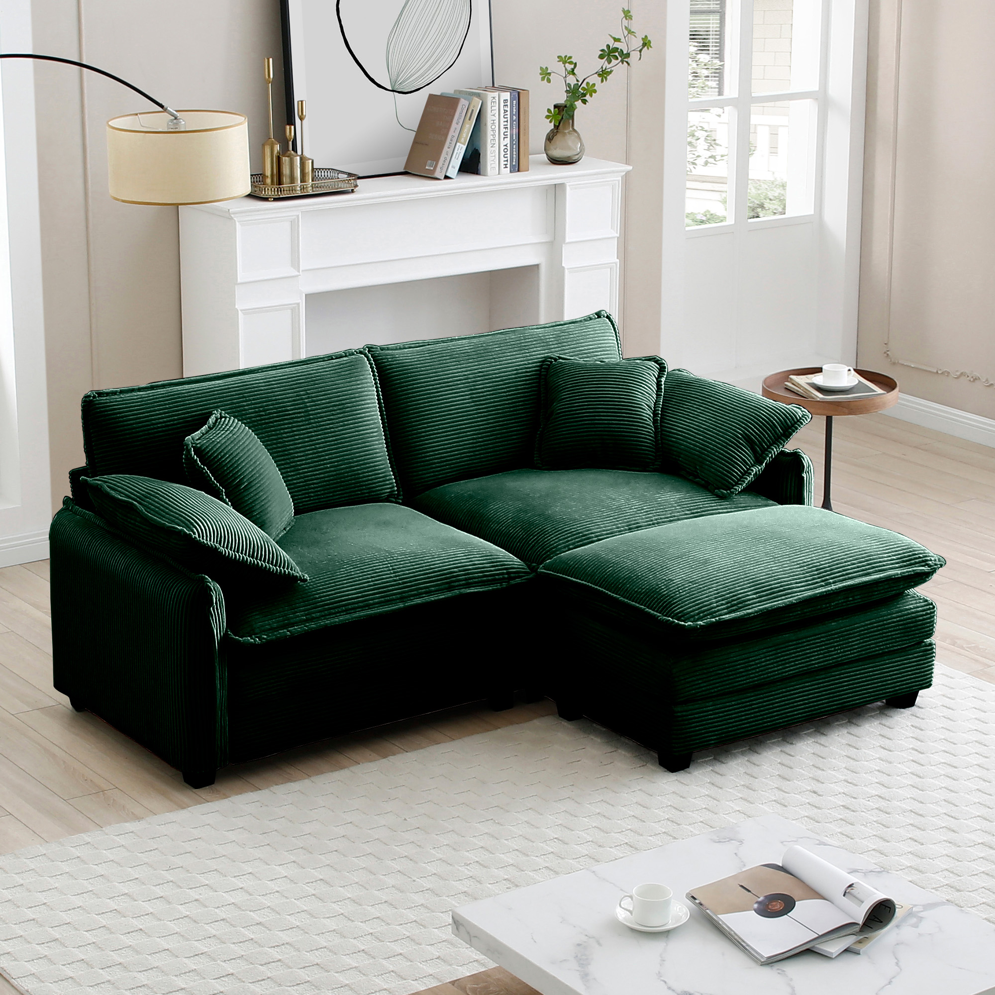 Two-Seater Sofa  with One Footrest, L-Shaped 2-Seater Sofa with Ottoman for Small Living Spaces,Green Corduroy