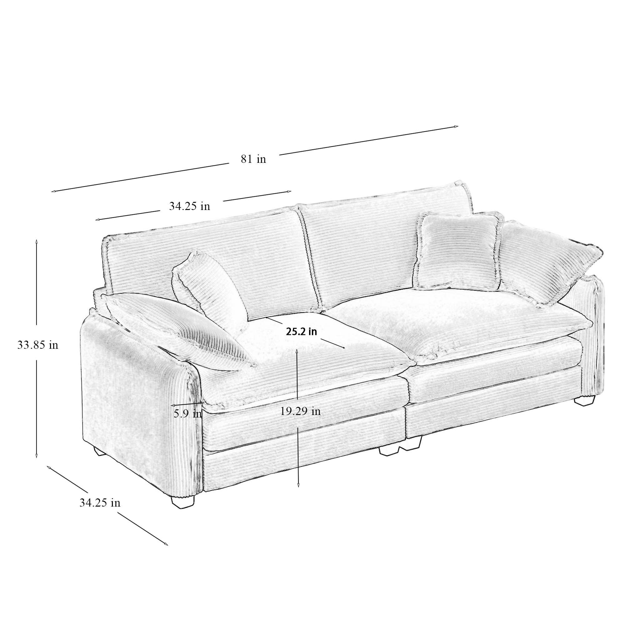 Warm and Cozy Living Room Sofa with 4 Pillows Upholstered Large Deep Seat 2 Seater Sofa for Living Room, Beige Corduroy