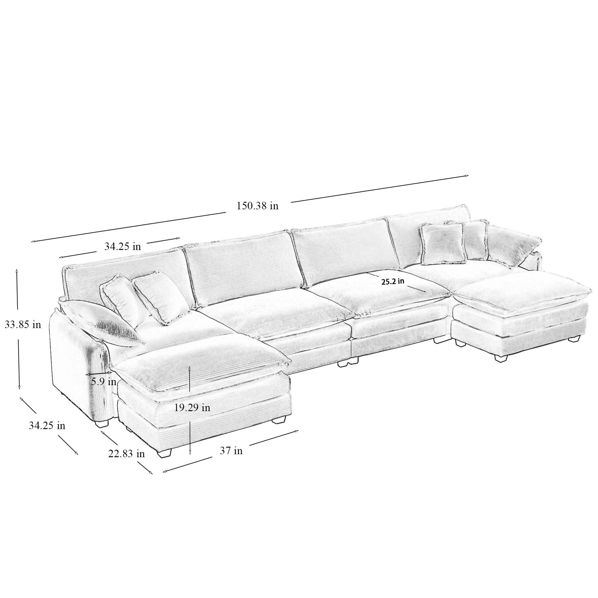 Over size U Shape Corduroy Sofa , Modern Upholstered 4 Seater Sofa with 2  Ottomans,  Premium Soft Corduroy Fabric Sofa