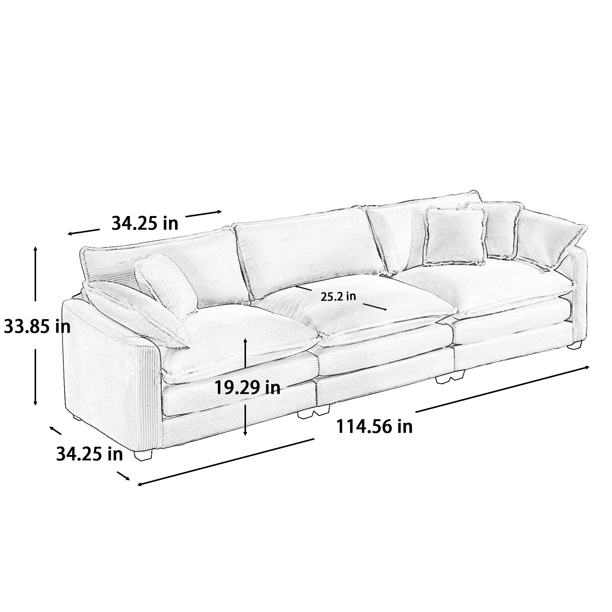 Mid-Century Modern Sectional Sofa 3-Seater Sectional Sofa with 2 Arm Pillows and 3 Pillows, Living Room Sectional Green Corduroy Fabric