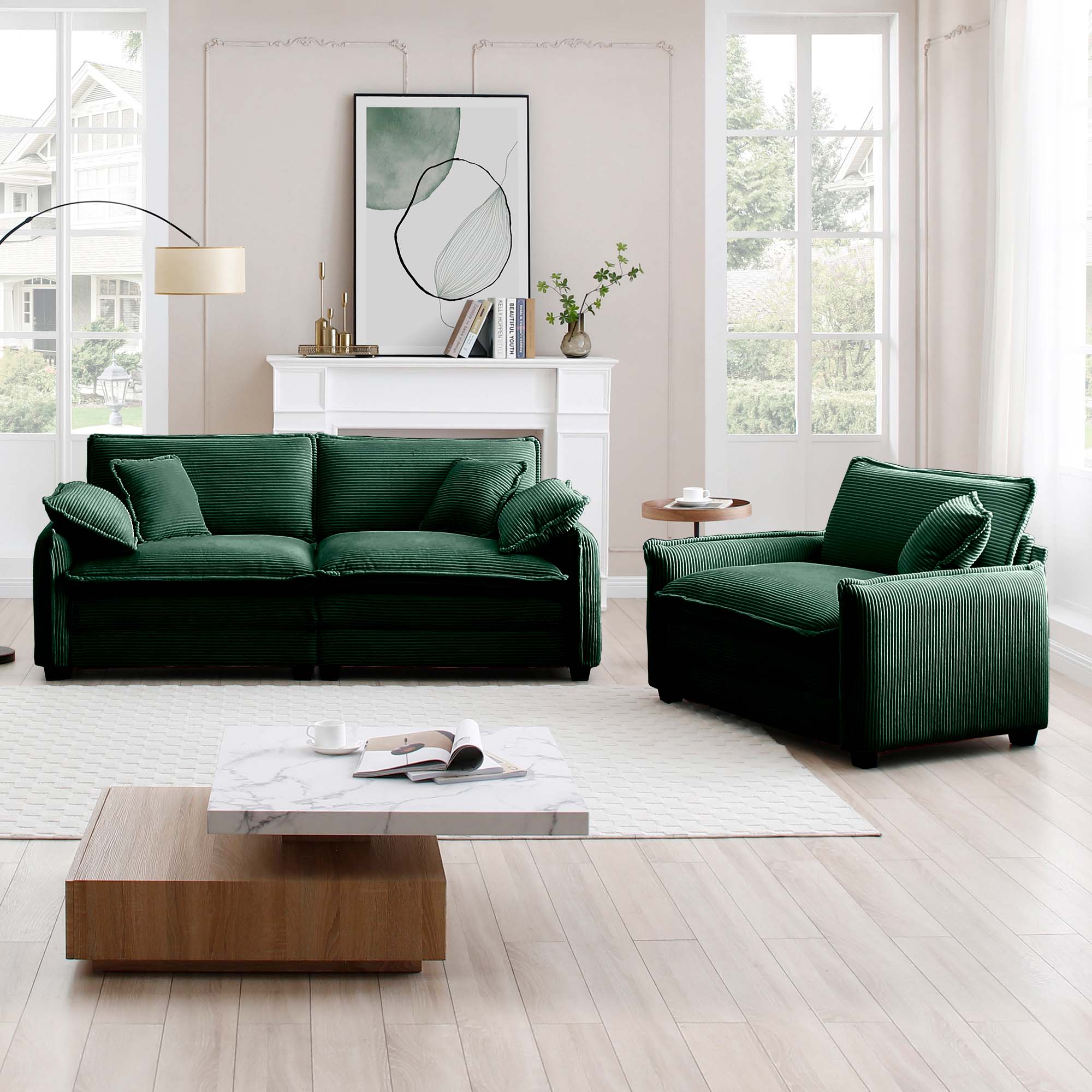 Modern Living Room Sofa Two Pieces Set, Suitable for Living room and Small Apartment , 2 Pieces Sofa Set Consists of a Single Seat Sofa and a 2-Seater Sofas,Green Corduroy