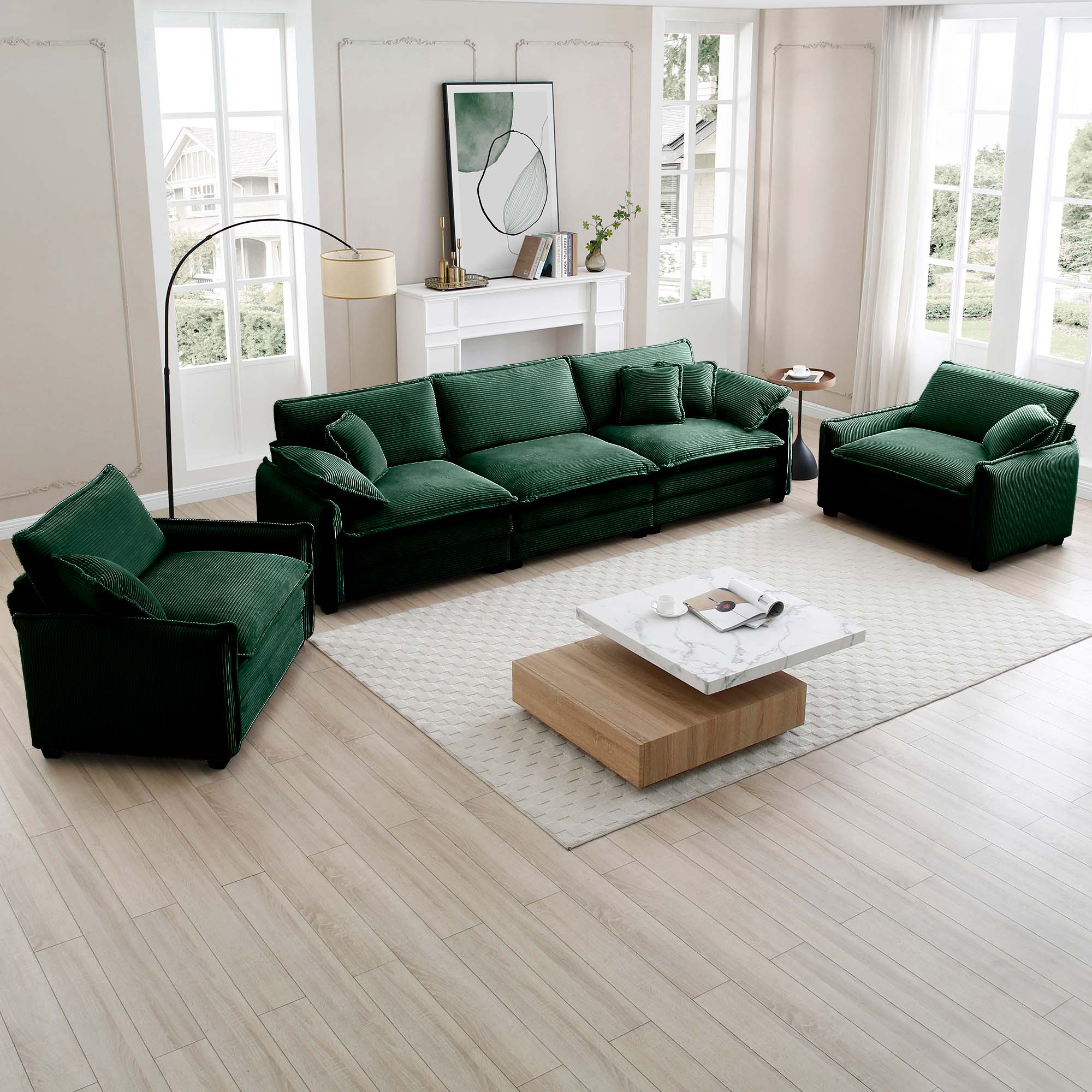 Warm and Cozy Sofa Set with Soft Cushions and Pillows, Home Theater Style Sofa Set Consisting of a 3-Seater Sofa and Two Single Sofas inGreen Corduroy Fabric