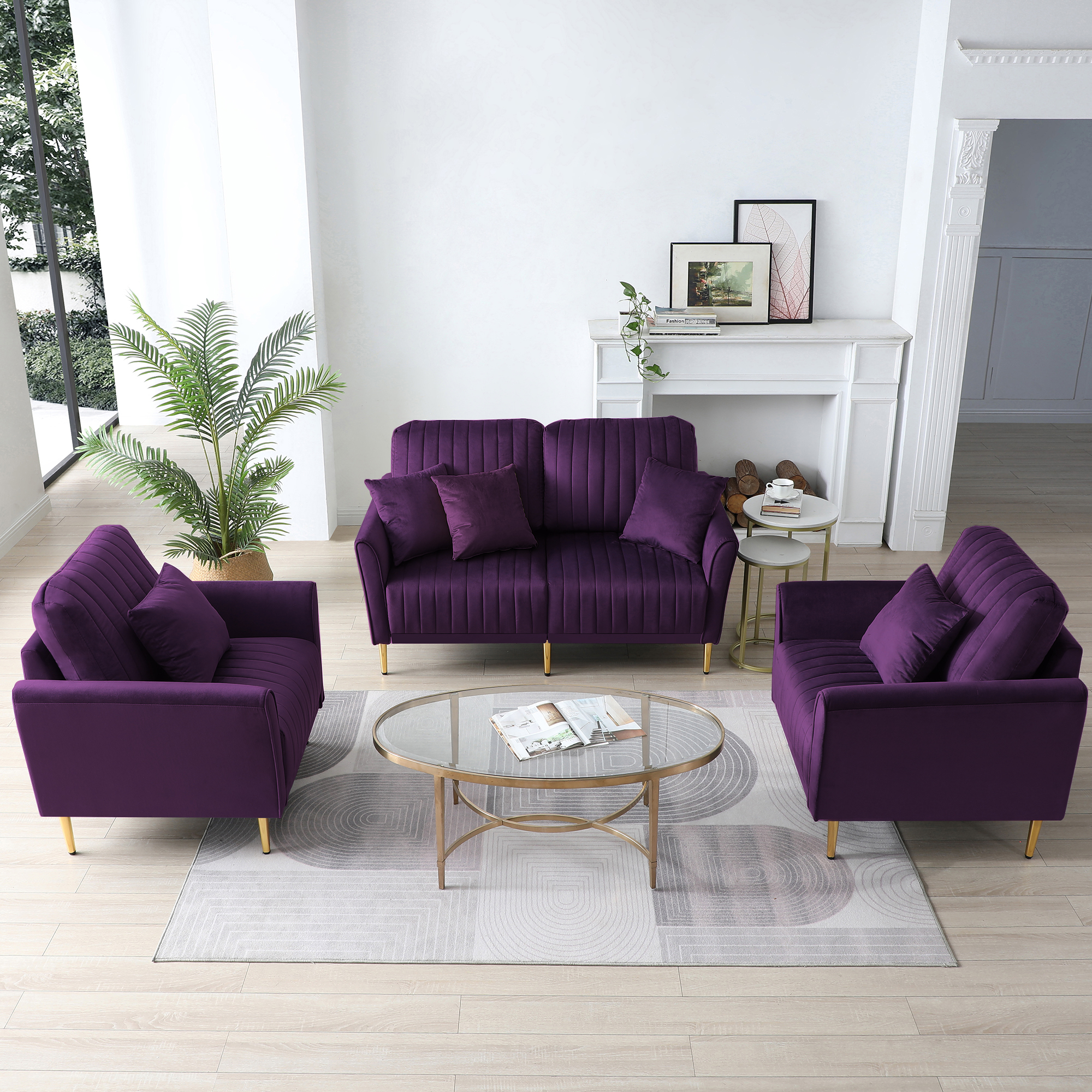 Mid Century Modern Sectional Sofa Set, Couch Sets for Living Room 3 Pieces, 2 Piece Fabric Arm Chair and 1 Piece Loveseat Set For Living Room, Purple Velvet