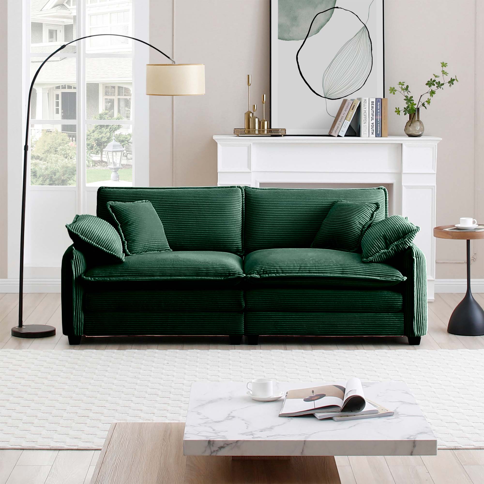 Warm and Cozy Living Room Sofa with 4 Pillows Upholstered Large Deep Seat 2 Seater Sofa for Living Room,Green Corduroy