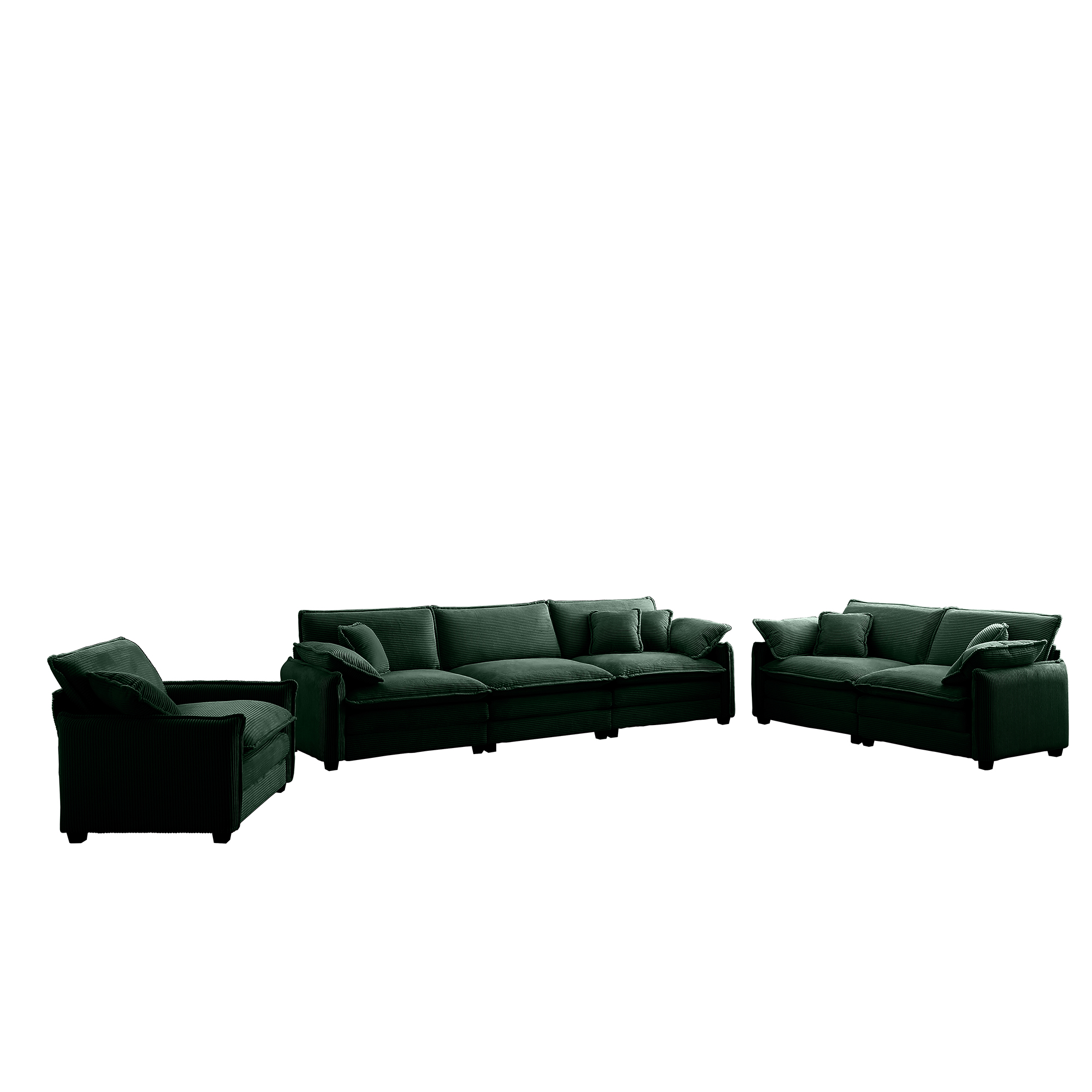 3 Piece  Comfortable Oversized Sectional Sofa, One Single Sofa and One 2-Seater Sofa and One 3-Seater Sofa ,Green Corduroy Deep Seat Sofa