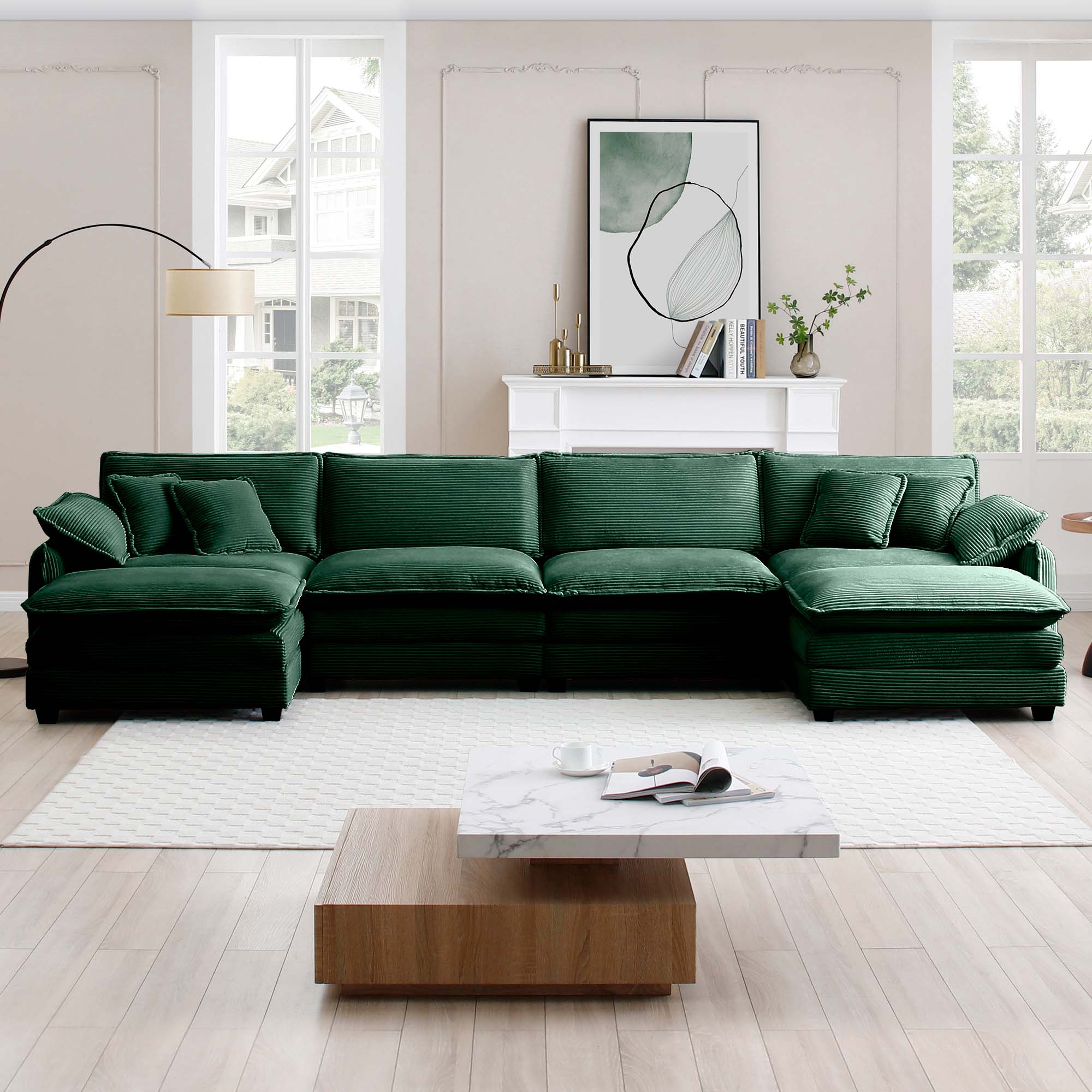 Over size U Shape Corduroy Sofa , Modern Upholstered 4 Seater Sofa with 2  Ottomans,  Premium Soft Corduroy Fabric Sofa