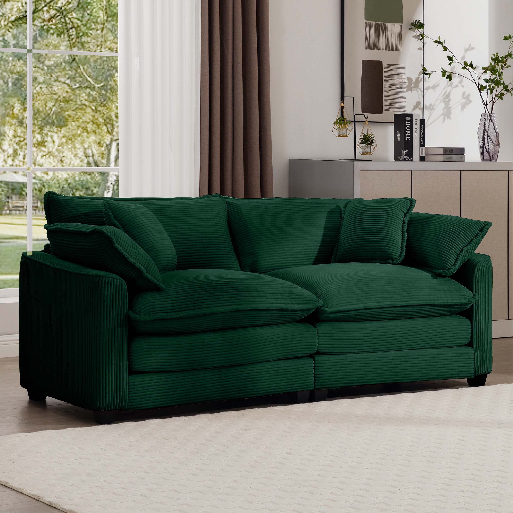 Modern Fabric Living Room Sofa with 4 Pillows Upholstered Large Deep Seating Loveseat, Green Corduroy