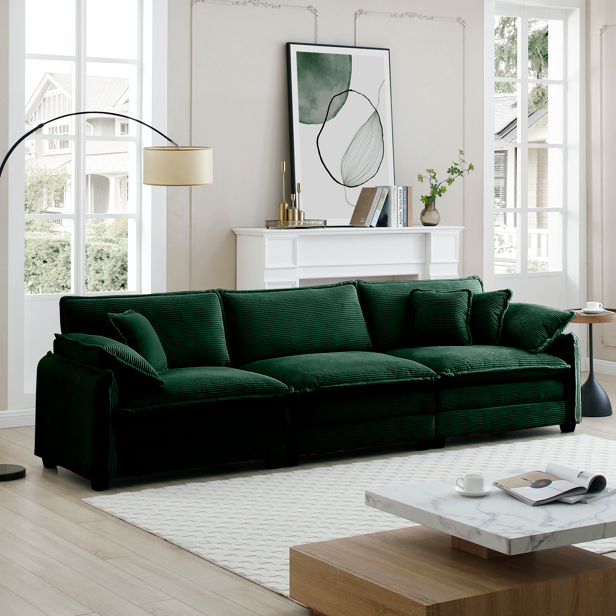 Mid-Century Modern 3-Seater Sectional Sofa with 2 Arm Pillows and 3 Throw Pillows,Green Corduroy Fabric