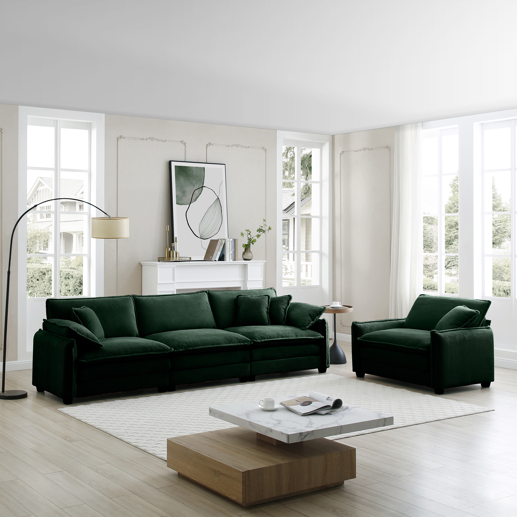 Mid-Century Modern Sofa Set of Two, One 3-Seater Sofa and One Single Seat Sofa with 2 Arm Pillows and 4 Throw Pillows,2 Pieces Sofa Set for Living Room,Green Corduroy Fabric