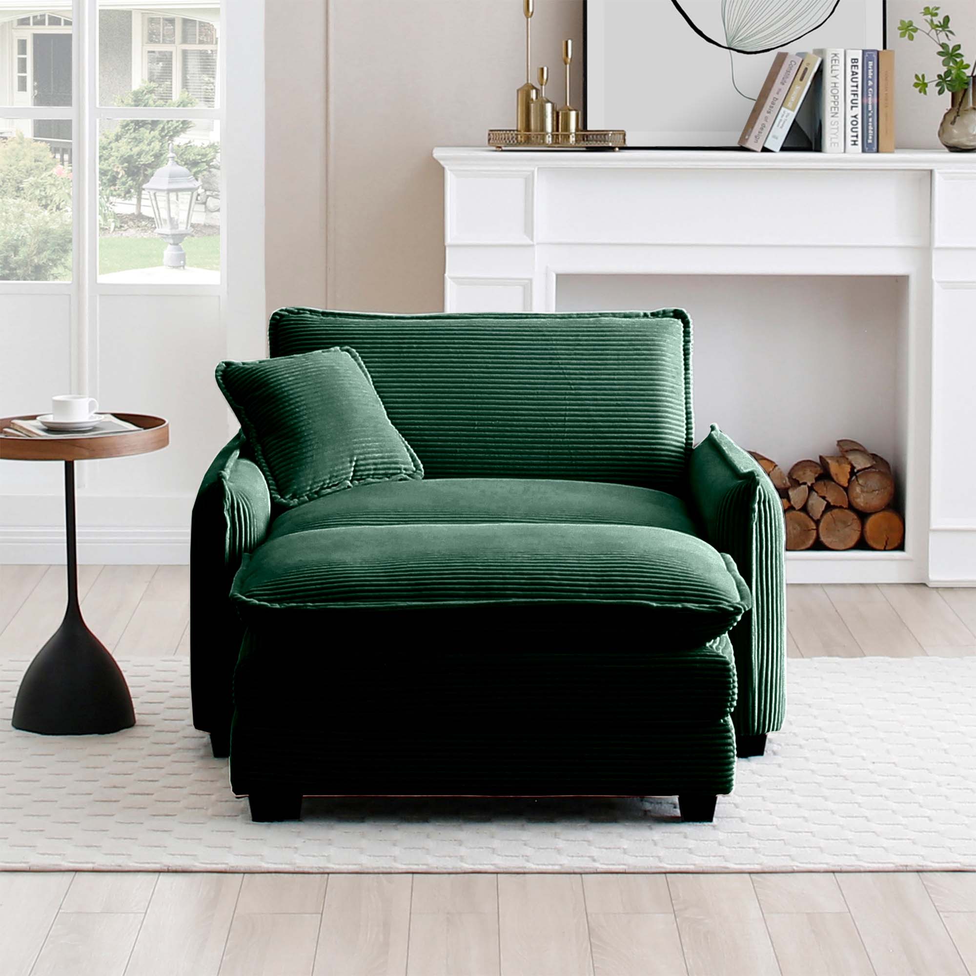 Single Deep Seat Sofa With Footstool With One Pillow, Suitable for Living Room and Bedroom, Club Multiple Occasions,Green Corduroy