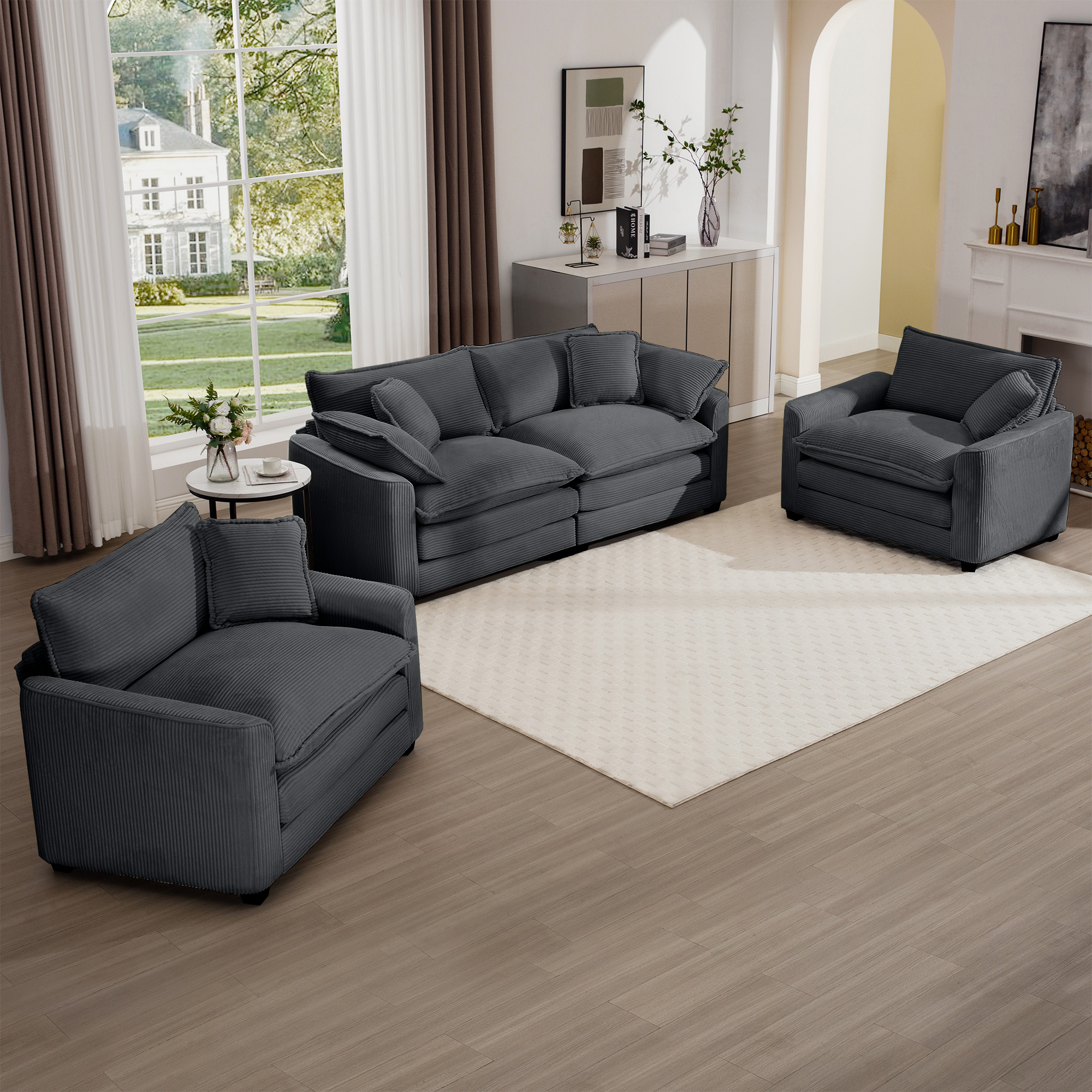 Warm and Cozy Sofa Set with Soft Cushions and Pillows, Home Theater Style Sofa Set Consisting of One 2-Seater Sofas and Two Single Sofa in Grey Corduroy Fabric