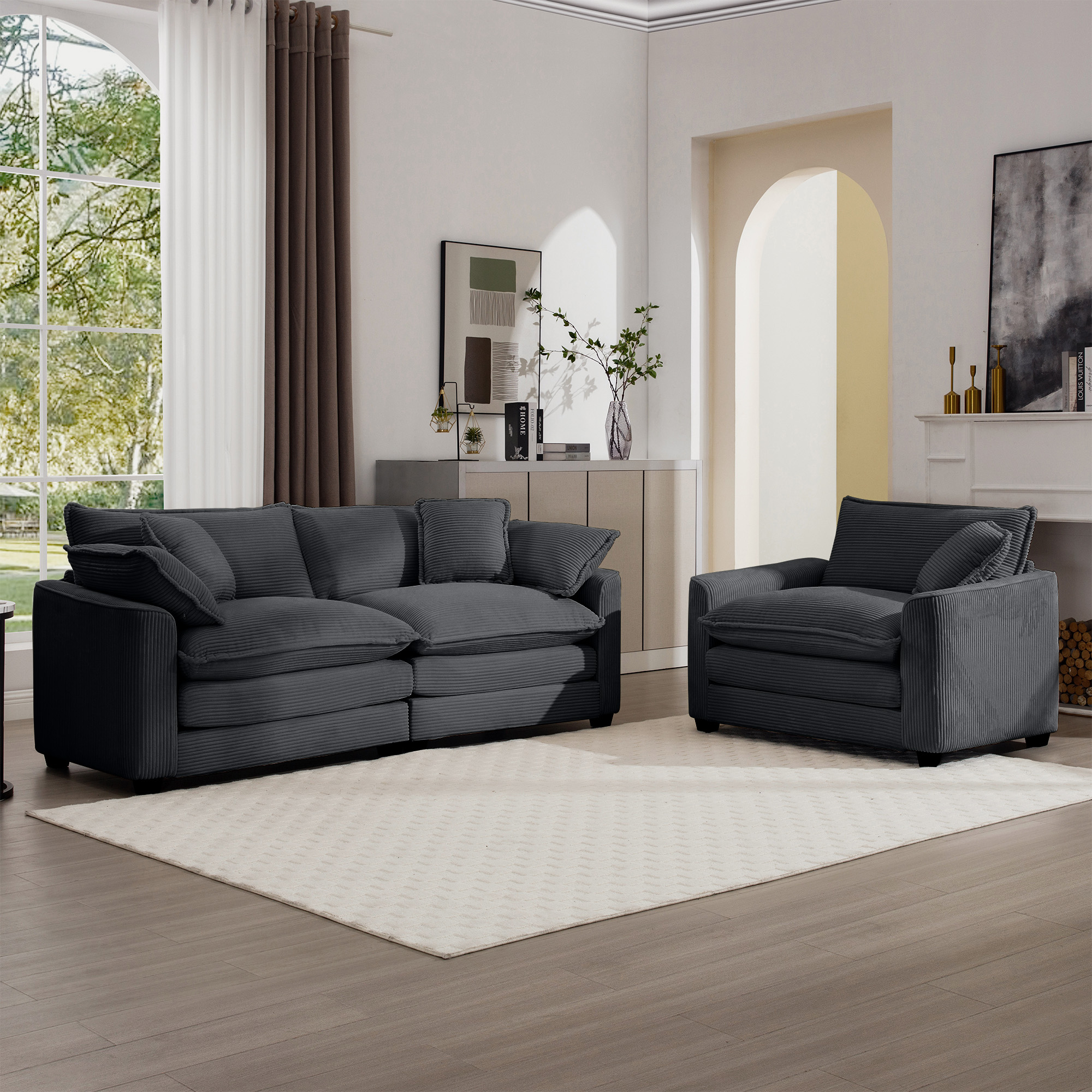 Modern Living Room Sofa Two-Piece Set, Suitable for Living room and Bedroom Sofa Set, Consists of a Single Seat and a 3-Seater Sofas, Grey Corduroy