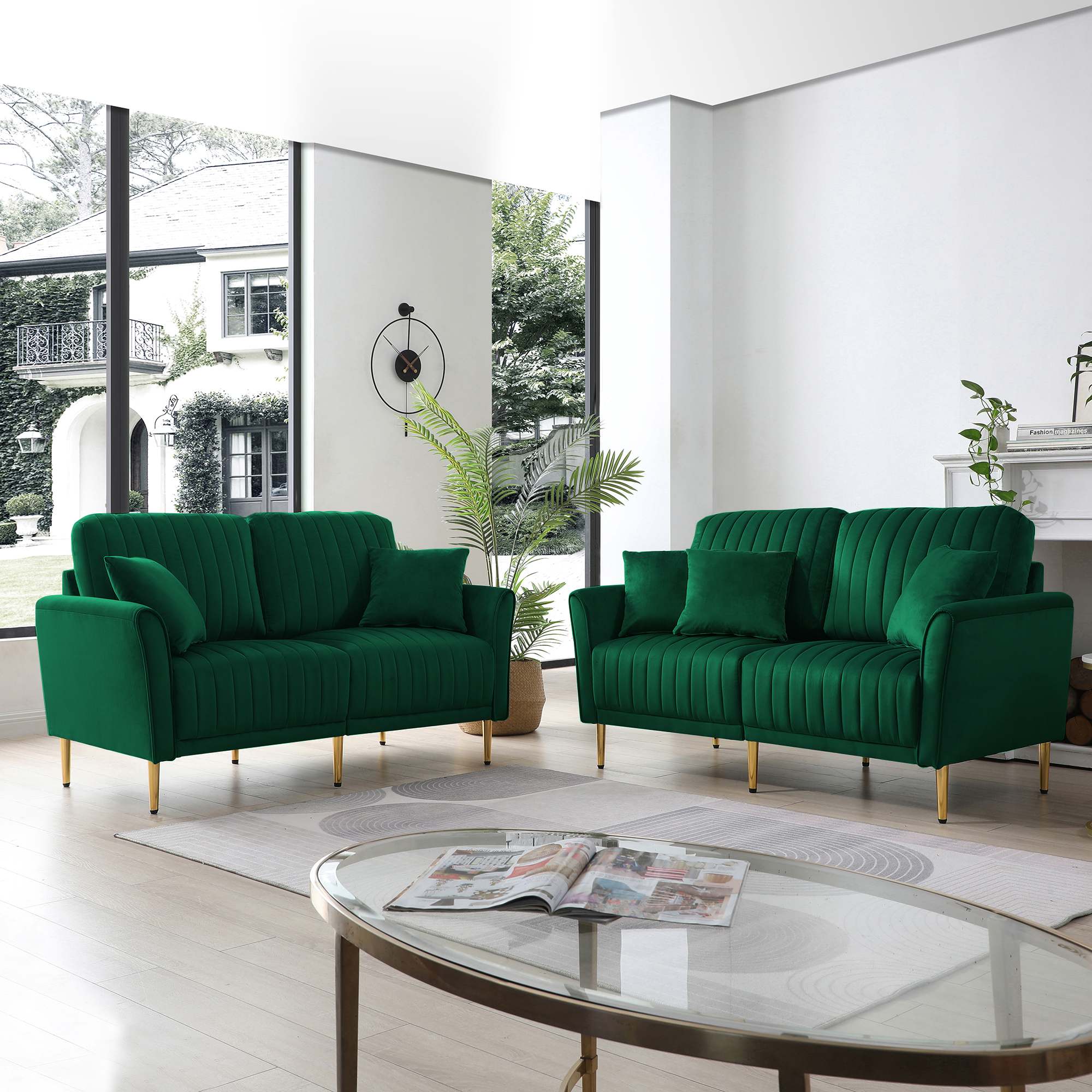 Green Velvet Couch and Sofa Set for Living Room, 2 Piece Modern 2 seat Sofas Set , Furniture Sofa Set with Removable Cushions,Free throw pillow.